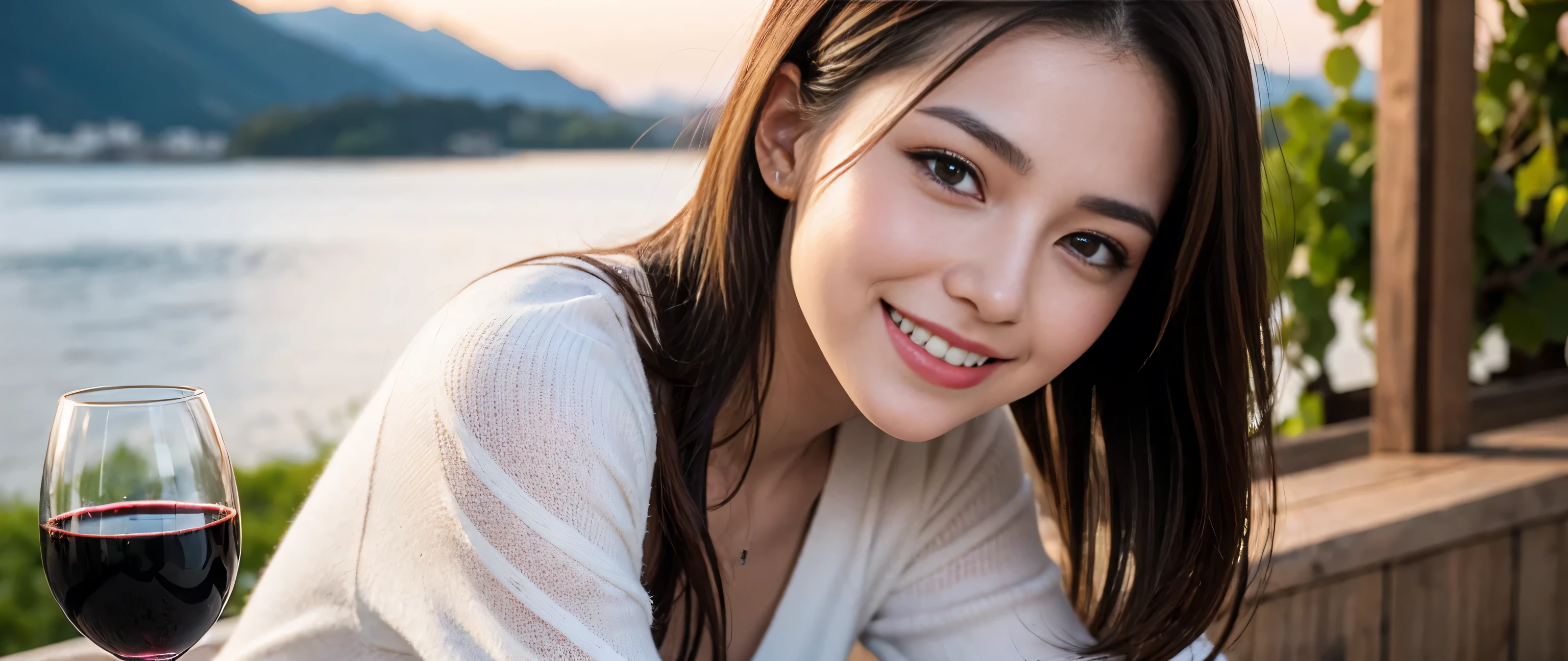 ((highest quality、8k、masterpiece:1.3))、Beautiful woman perfect body:1.4、2 women、Slim body、((Bob Hale、Straight hair:1.2))、 Ultra-high resolution, Bright image、2. The beauty of wine, Beautiful Face, blue eyes, Beautiful Eyes, The light shines on your face, Blushing your nose, short hair,Amazing view of the sunset sky and clouds、Amazing mountain views、A bright smile、A lovely woman with a smile、Bright Face、Fox face、Lady、Champagne、Wine bottle、wine glass、red wine 、Appetizers、Italian food、Two beauties、Brown Hair、Shortcuts、Long sleeve shirt、Winter Fashion、dress、Wine bottle、sparkling wine、Pretty Woman 1, (Slim face), (Brown Hair), (Shortcuts), cheeks turn a little red, (36 years old), 39 years old, Attractive beauty、restaurant, Nova Frog Style, actress, model, Upper Body, White wine, slim, wine glass, A wine glass placed in the middle, smile, (smile: 1.15), Beautiful Eyes, Strong light and shadow,Moist Body:1.5、Delicate eyes、Brown Hair、The hair is very shiny、