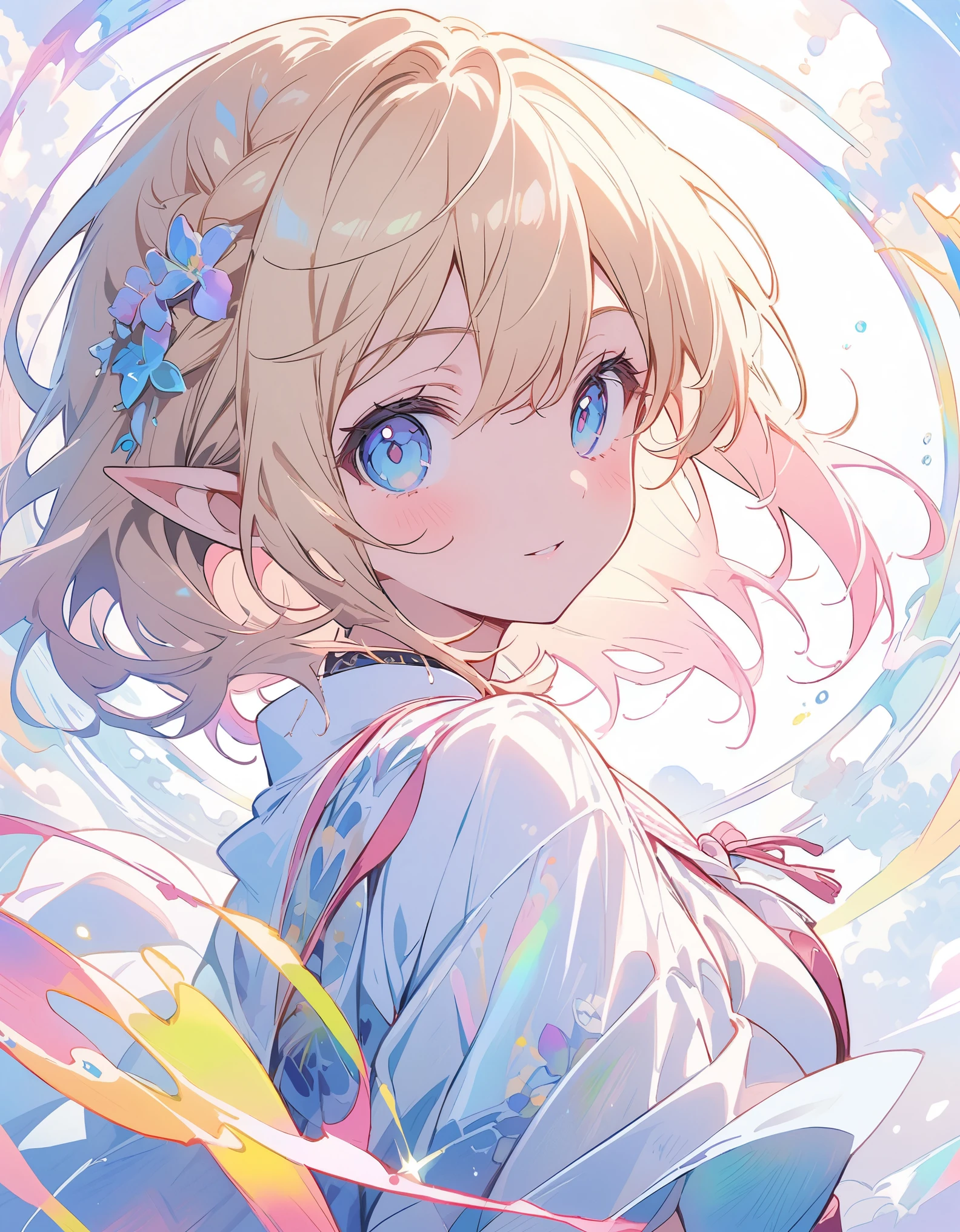 logo mark of elf girl side face, blue eyes, long blonde, circle frame ivy, art nouveau, text "pink girl"、(highest quality、masterpiece、High resolution、detailed)、animeスタイル、Flat Style、(eyes shining iridescent colors illuminated light,detailed美しい顔), BREAK,Dynamic Angle、extremely detailed、anime