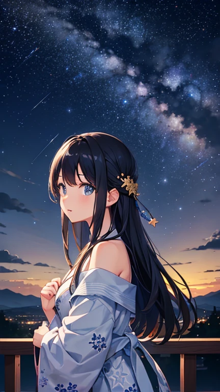 Landscape Photography、wallpaper、Starry Sky、Meteorilky way、Yukata Girls、Off the shoulder