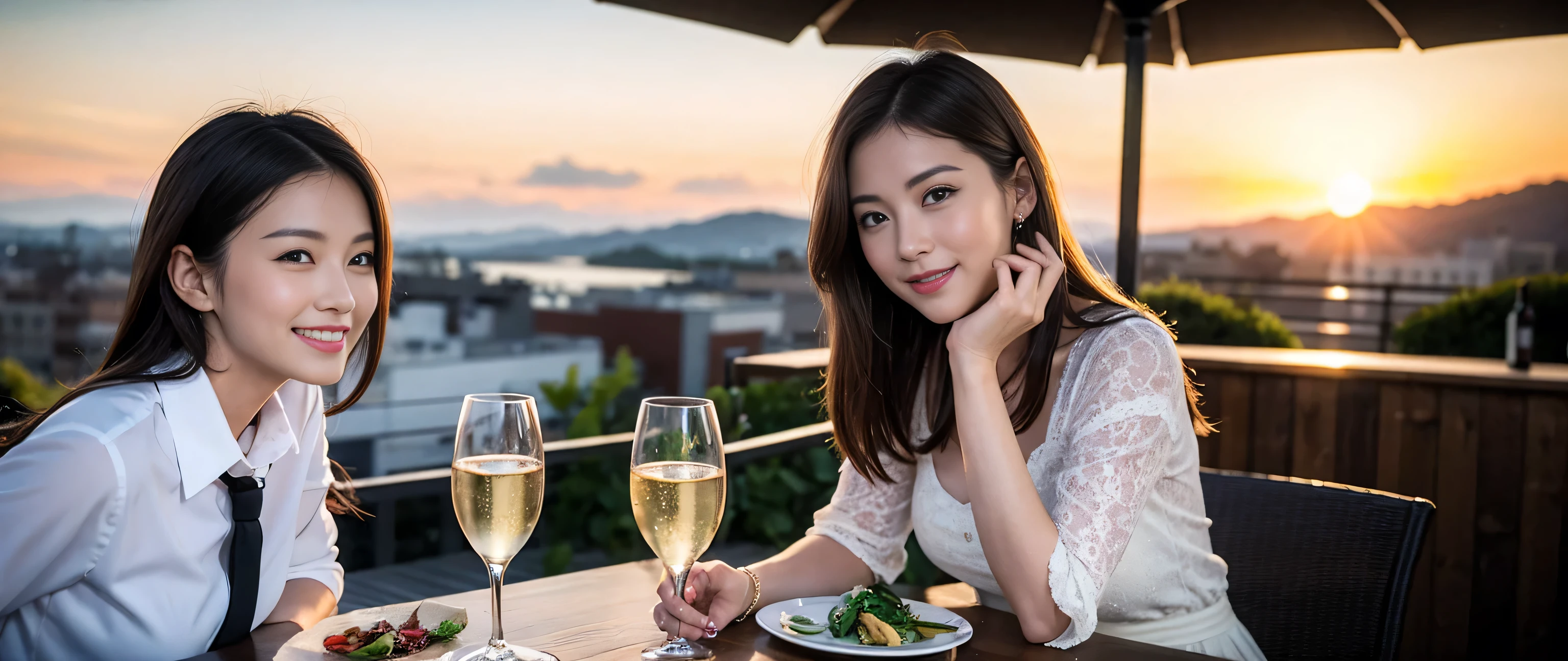 ((highest quality、8k、masterpiece:1.3))、Beautiful woman perfect body:1.4、2 women、Slim body、((Bob Hale、Straight hair:1.2))、 Ultra-high resolution, Bright image、2. The beauty of wine, Beautiful Face, blue eyes, Beautiful Eyes, The light shines on your face, Blushing your nose, short hair,Amazing view of the sunset sky and clouds、Amazing mountain views、A bright smile、A lovely woman with a smile、Bright Face、Fox face、Lady、Champagne、Wine bottle、wine glass、red wine 、Appetizers、Italian food、Two beauties、Brown Hair、Shortcuts、Long sleeve shirt、Winter Fashion、dress、Wine bottle、sparkling wine、Pretty Woman 1, (Slim face), (Brown Hair), (Shortcuts), cheeks turn a little red, (36 years old), 39 years old, Attractive beauty、restaurant, Nova Frog Style, actress, model, Upper Body, White wine, slim, wine glass, A wine glass placed in the middle, smile, (smile: 1.15), Beautiful Eyes, Strong light and shadow,Moist Body:1.5、Delicate eyes、Brown Hair、The hair is very shiny、