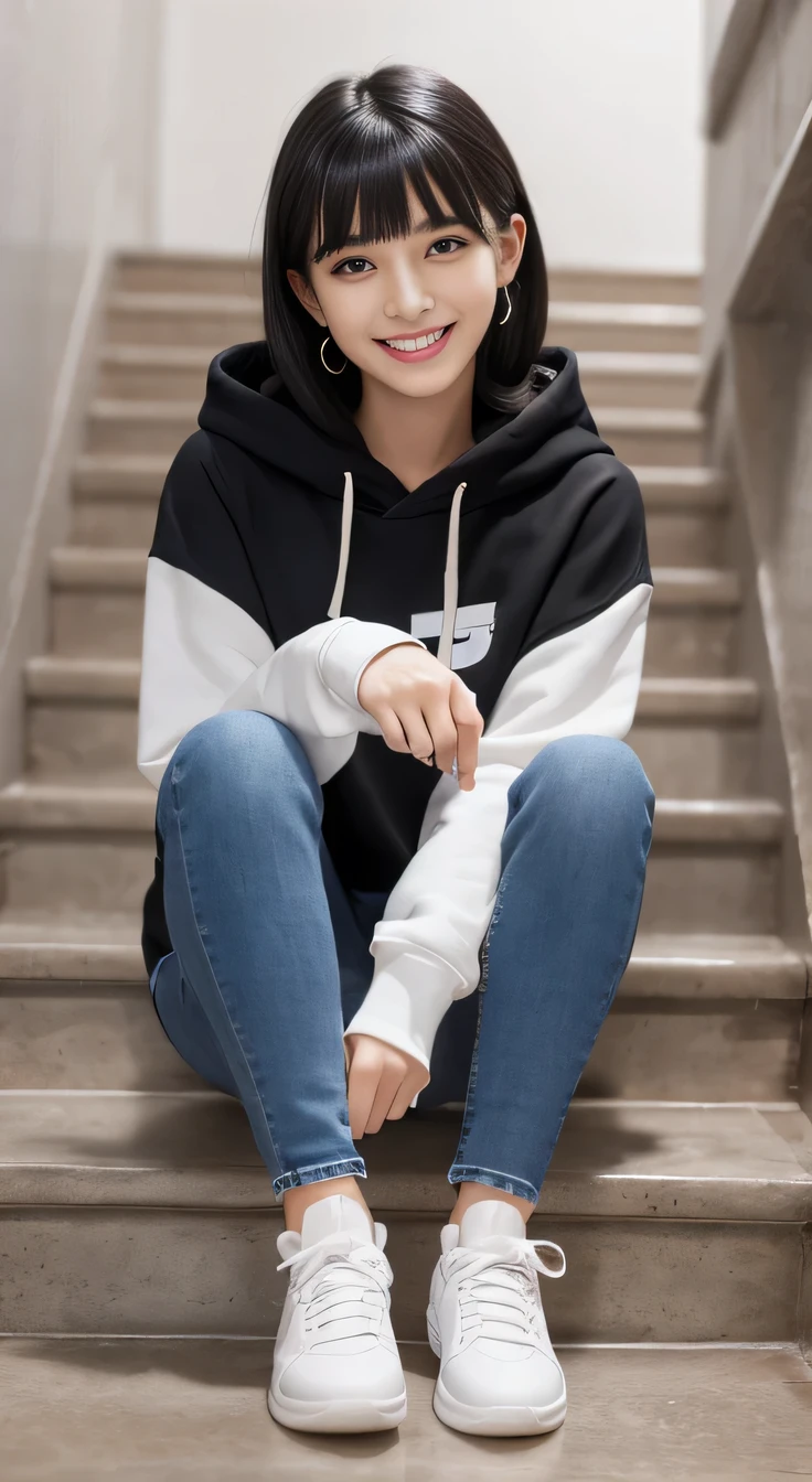 highest quality, Realistic, Very detailed, Finer details, High resolution, 8k wallpaper, One beautiful woman,Sit on the stairs、 Oversized hoodie, Skinny jeans, White sneakers、Putting on socks、Black Hair、 Beautiful Bangs、ear piercing、smile、Beautiful teeth alignment、Perfect dynamic composition, Beautiful and detailed, Full Body Shot, A big smile