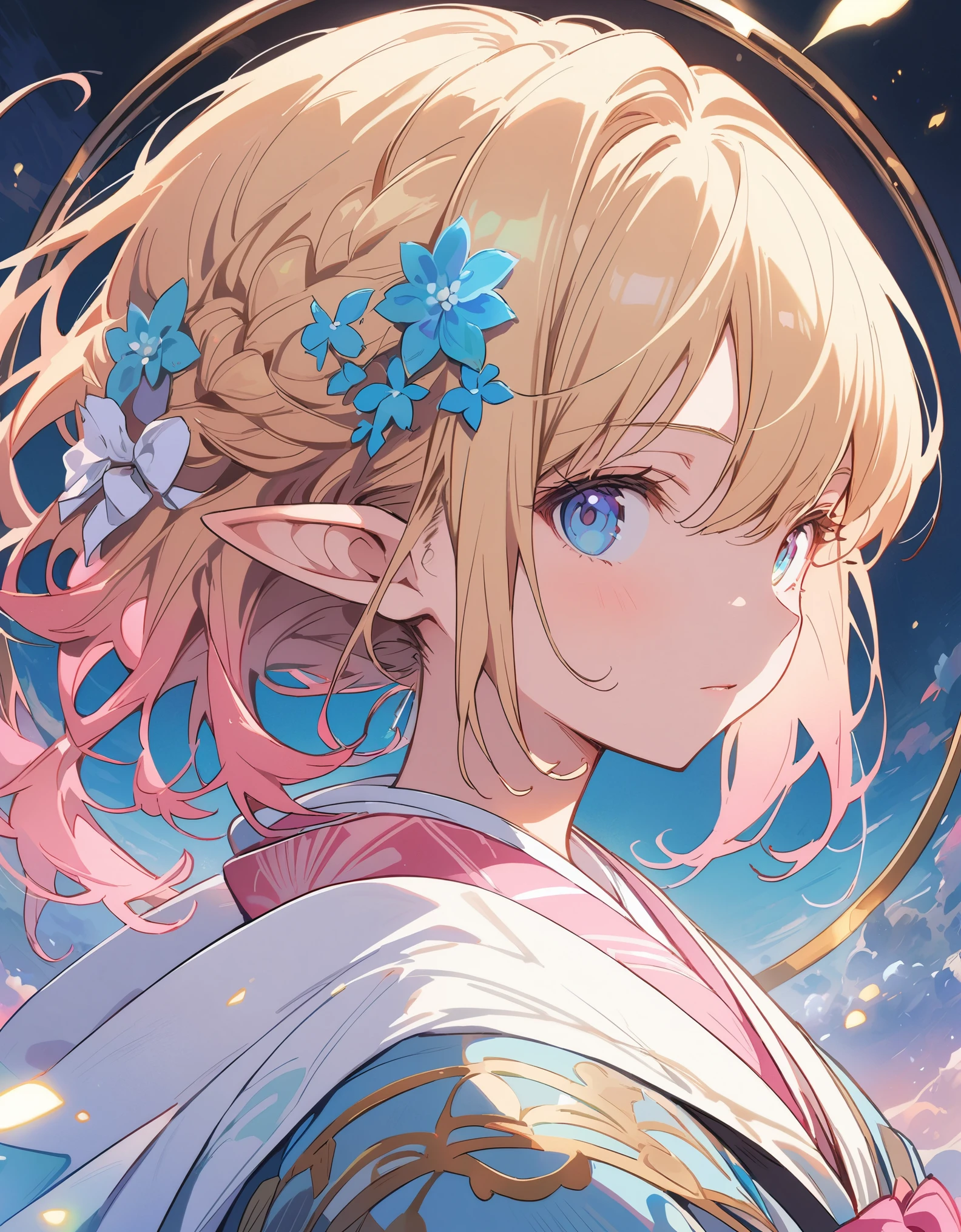 logo mark of elf girl side face, blue eyes, long blonde, circle frame ivy, art nouveau, text "pink girl"、(highest quality、masterpiece、High resolution、detailed)、animeスタイル、Flat Style、(eyes shining iridescent colors illuminated light,detailed美しい顔), BREAK,Dynamic Angle、extremely detailed、anime