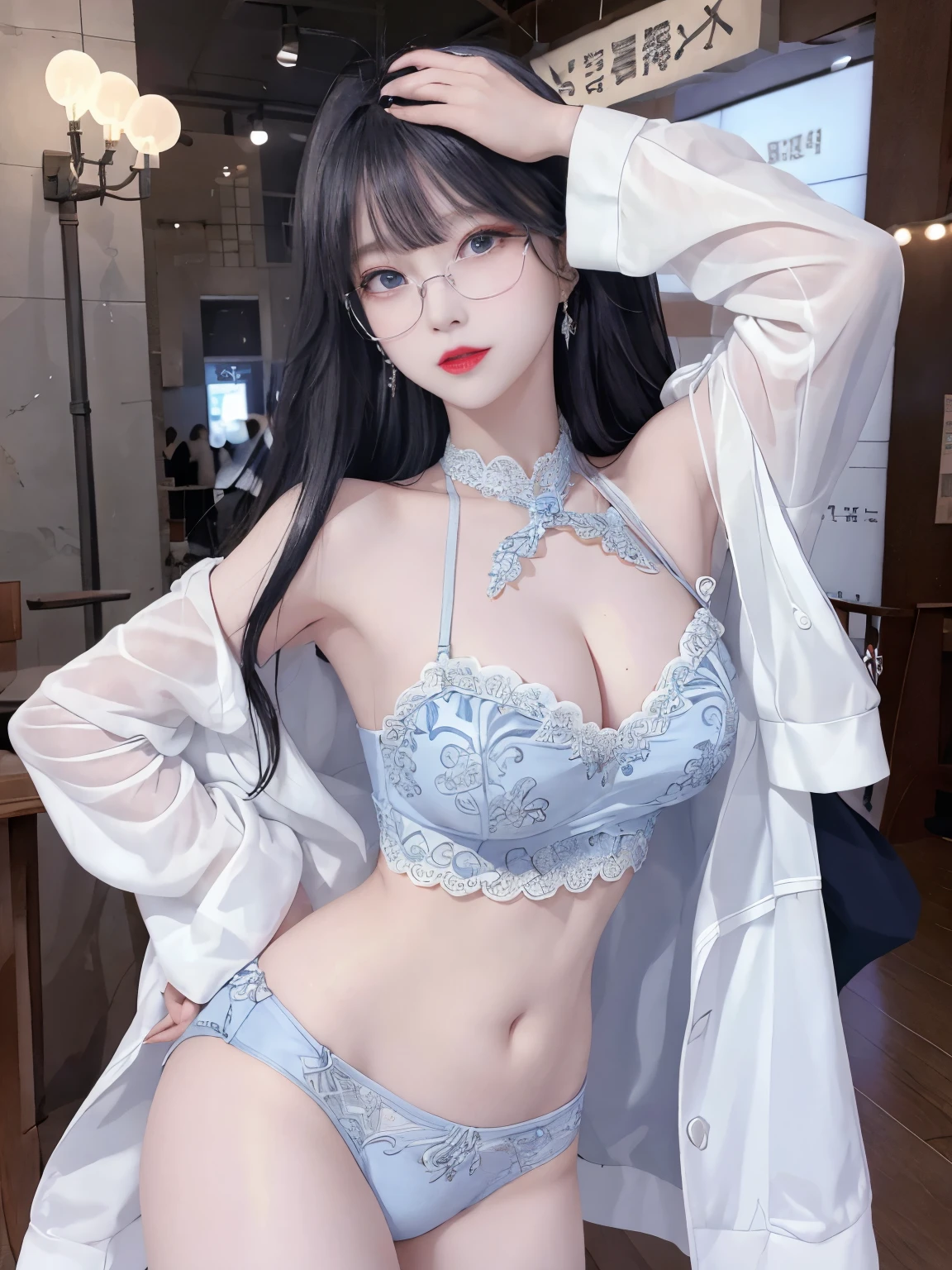 Top image quality、Raw photography、A high resolution、20-year-old cool Korean、big round chest、thin silk coat、blue lace underwear、Beautiful Eyes of Details、very elongated eyes、Beautiful eyelashes、Beautiful double eyelids、eyeshadows、 wearing super tight mini boxers,long legs,medium thighs, wearing Glasses、beautiful eyes finely detailed、elongated eyes、long eyeslashes、Beautiful double eyelids、eyeshadows、earrings、shiny white skin、