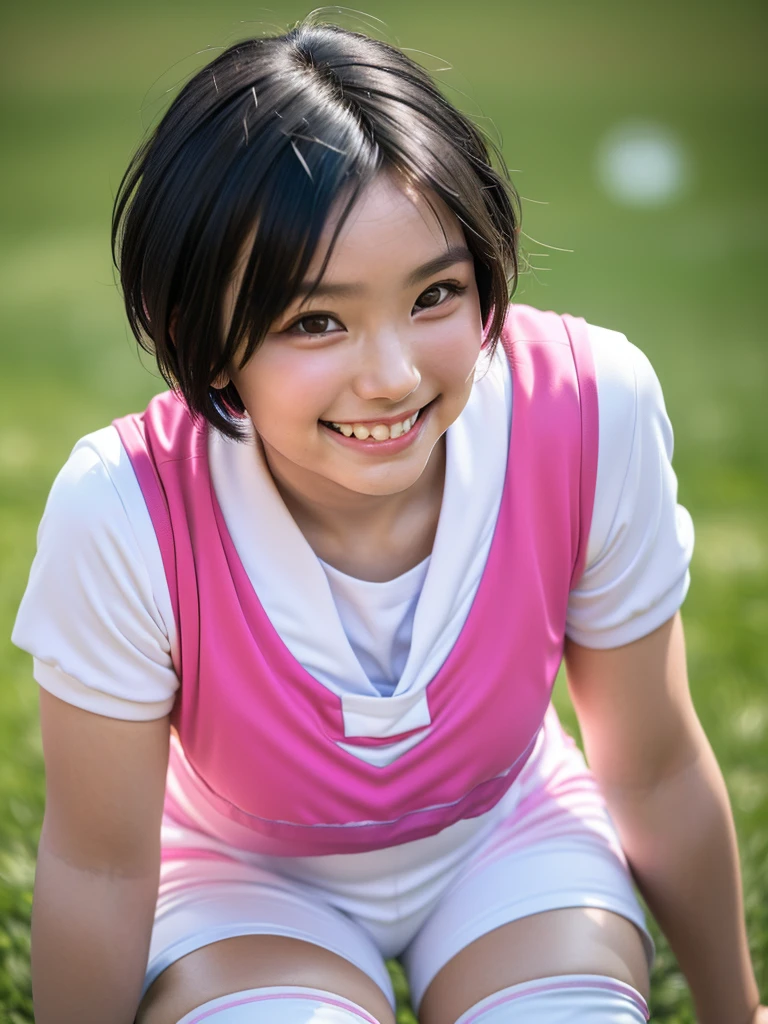 (8K, Raw photography, highest quality, masterpiece:1.2),(black haired, very short hair:1.9),show viewer,Looking at the front,erotic,white skin,(wearing a pink and white soccer uniform:1.6), (Clothing that emphasizes the shape of your chest, Exposing the skin:1.8), (big :1.8), slim body shape, ultra high resolution,beautiful,beautiful fece,(alone, alone, no background:1.9),whole body,japanese woman,(Photoreal:1.37), photon mapping,reality, (Cute with a baby face: 0.6), (cute smile: 1.7), (With a round face: 1.8), radio city, Physically based rendering, depth of field rally background, photograph, (I can see your knees,close up of thighs, Too short pants:1.6),whole body, super fine.
