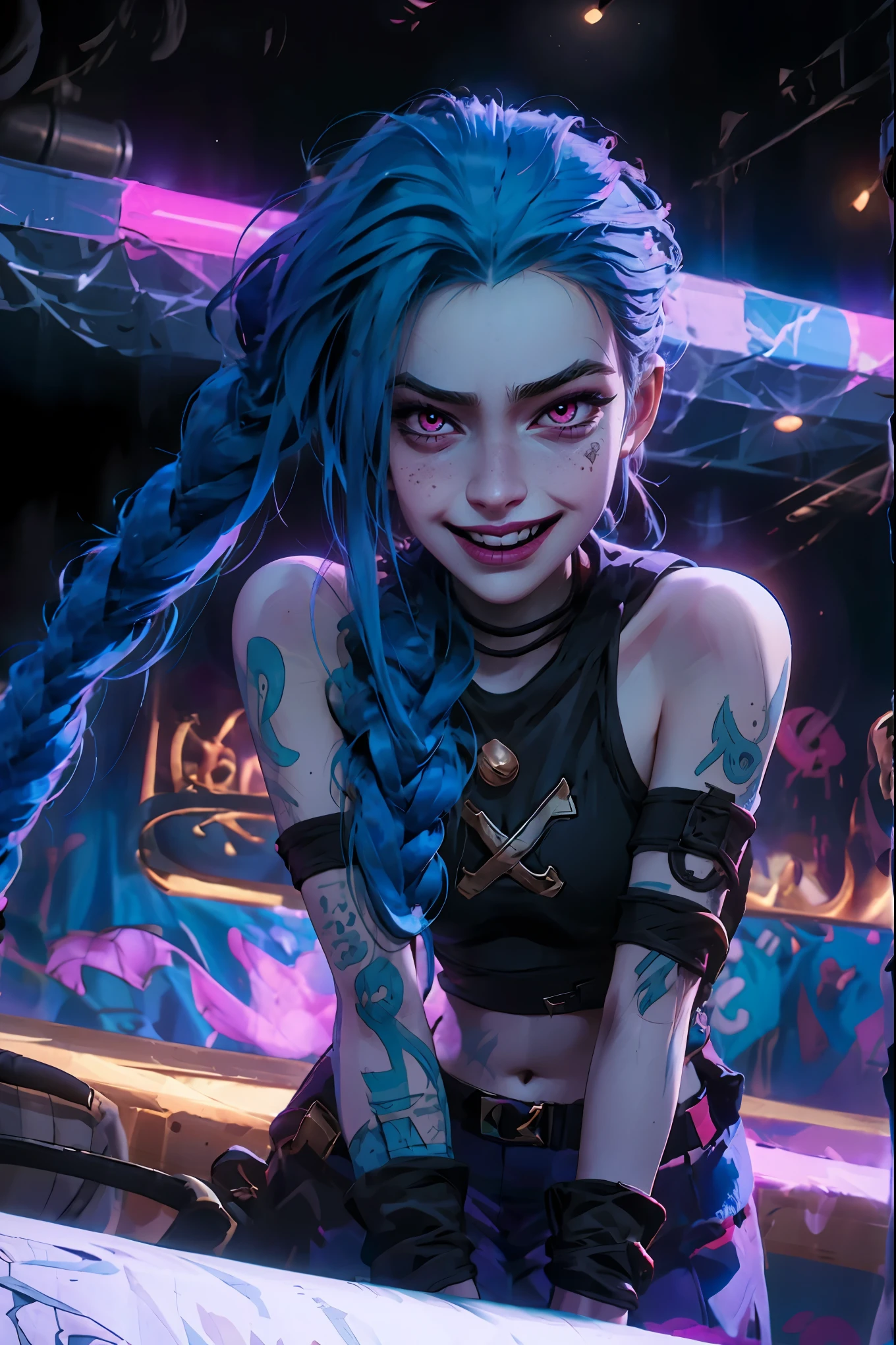 Arcane style，1girll，Arm tattoos，asymmetricalbangs，By bangs，blue hairs，pigtails，brown shirt，cloud tattoo，looking at viewert，laughingly，frenzied，Uncontrollable laughter，Crazy look，the night，City，blue hair，long whitr hair，Mid-abdomen，a pink eyes，lips in red，The shirt，solo，standing on your feet，Tattooed with，Double up braid，The upper part of the body，arcane bad luck，Jinx（league of legend\）
