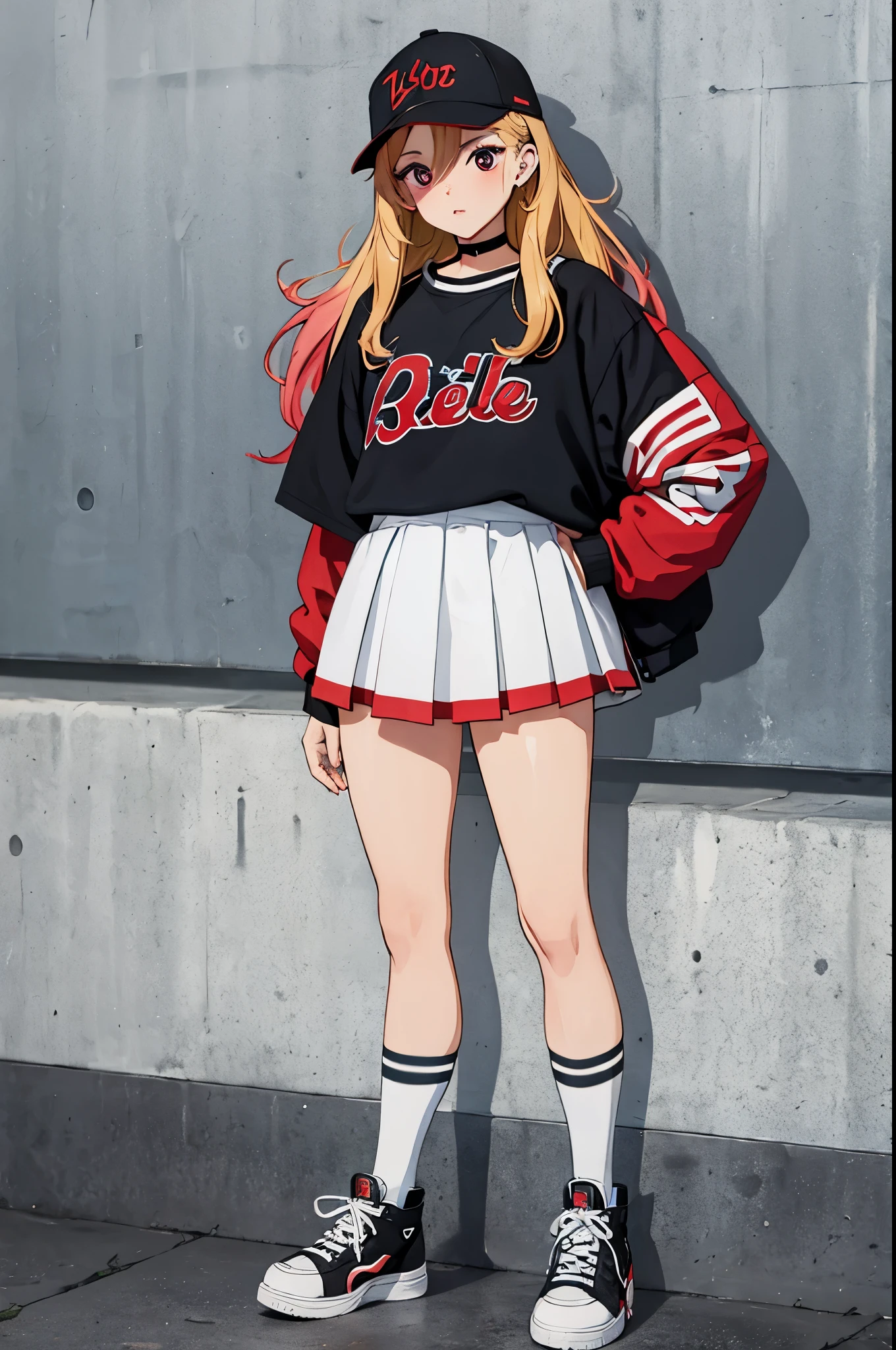 mulher com cabelo loiro, cabelo amarrado em um rabo de cavalo alto, subtle makeup with emphasis on the eyes, rebel cheerleader, saia plissada xadrez esportiva, tampo apertado, knee-high socks with contrasting stripes, high-top sneakers