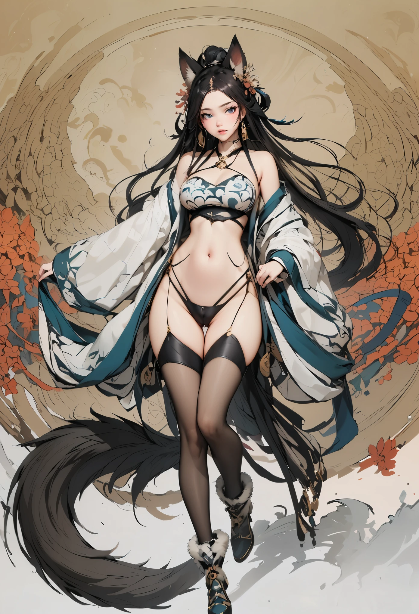 Step into the realm of traditional Chinese art with this prompt showcasing a traditional Chinese ink painting depicting the latest fashion ensemble for the League of Legends character Ahri. The artist's brushstrokes bring to life a blend of Chinese elegance and the mystical elements of a nine-tailed fox. Ahri stands gracefully in a resplendent form-fitting top adorned with intricate patterns, accentuated by wide billowing sleeves that exude elegance. A plush fur collar adds warmth and sophistication, while sleek leggings accentuate her slender figure. The centerpiece of the outfit is a short skirt formed by nine fox tails, symbolizing Ahri's enchanting nature. Ahri strikes a pose against a solid-colored background, her presence commanding attention as her striking beauty and cultural fusion captivate viewers. This traditional Chinese ink painting celebrates the timeless allure of Chinese aesthetics and the allure of Ahri's newest attire. Created by renowned traditional Chinese ink painter Zhang Daqian,((Best quality)), ((Masterpiece)), ((Realistic)),axial symmetry,anatomy correct,