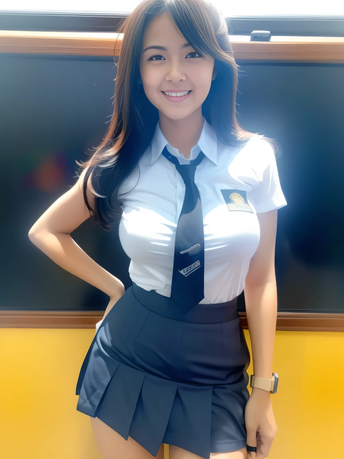 (8k, RAW photo, best quality, masterpiece: 1.2), masterpiece, ultra-hd, asian, 3 girl,19 years old, (uniform, short mini skirt), beautiful face, detailed face, detailed eyes, huge breasts,big breast, slim abs, perfect body, looking at the audience, classroom, student, (smile), ultra-high resolution, standing, full body, detailed, deep shadow, detailed body. 