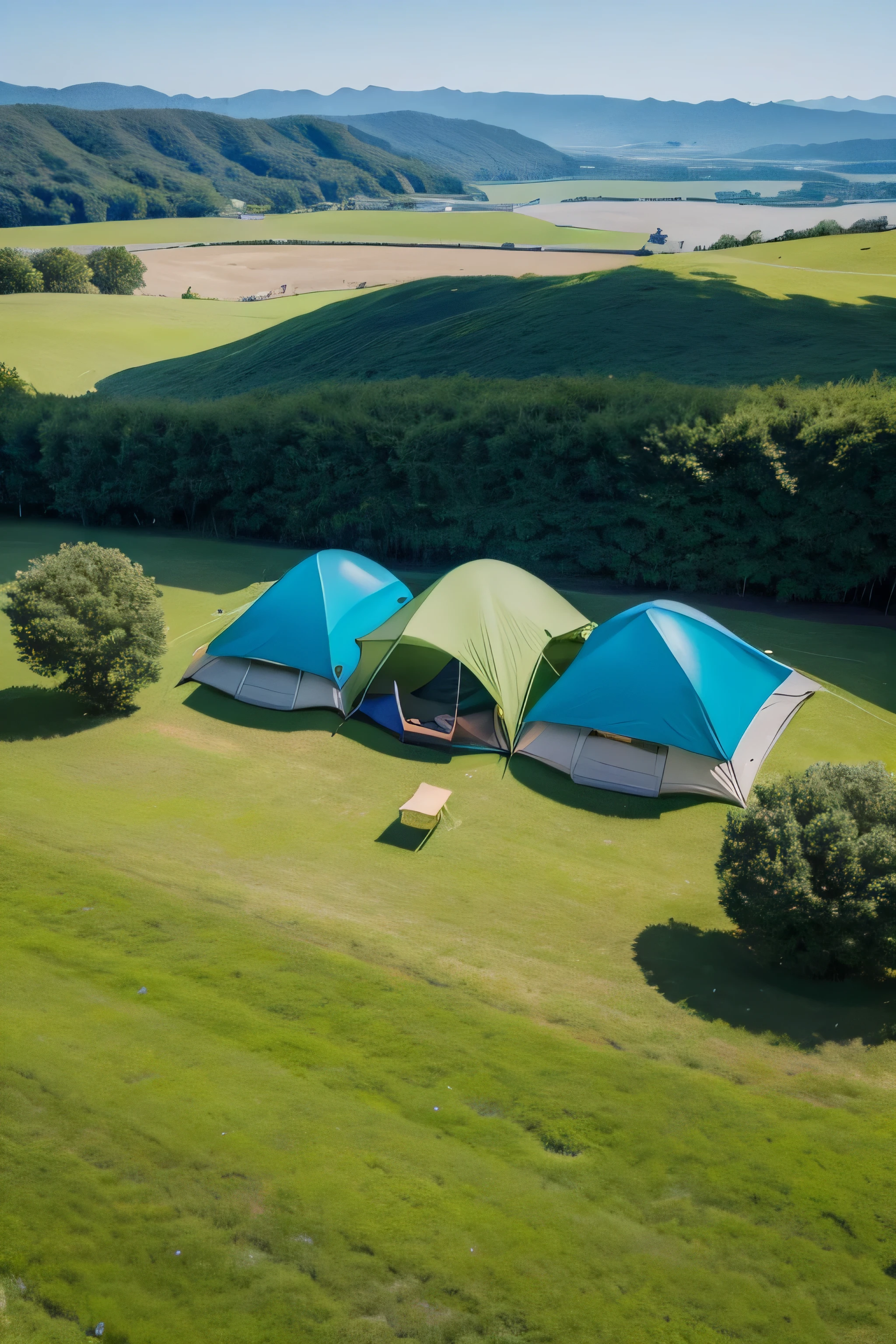 there are two tents and a table in the grass, camping, Glamping, barrel fires and small tent, tent architecture, Yuruying, tents, Watch from above, Look from above, [ Top view ]!!,, [ Top view ]!, Surrealism, Viewed from directly above, Top-down shooting, tent, byEtienne Delessert,