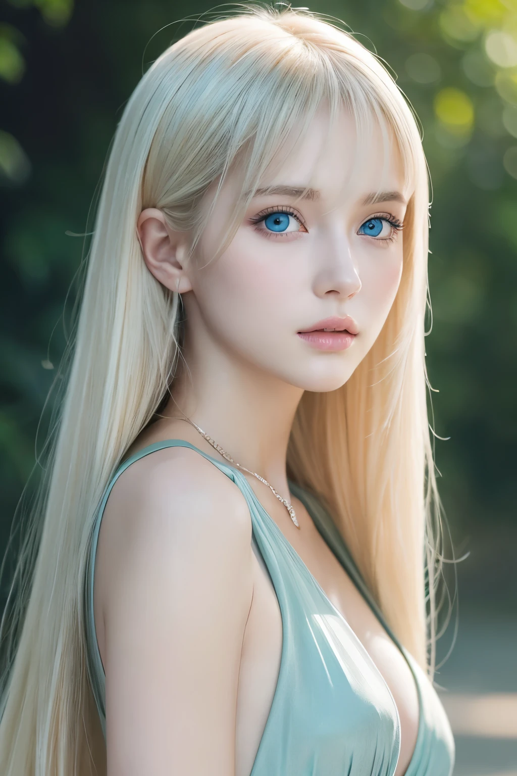 Mastepiece, Best Quality, Photorealistic, Super detailed, Fine details, High resolution, 8k wallpaper, RAW color photos, Professional, High level of detail, Beautiful girl with beautiful platinum blonde super long straight long silky hair. Long bangs between the eyes,、Sharp Focus, Award-winning photography, (Emerald green dress), (Cleavage), (Facing forward), (View your viewers), Small light, Low Contrast, Facial symmetry, Depth of written boundary, Movie Background, Center image, Softly lit, (Fine skin), Pale skin, Gloss Face、Cheek gloss、Realistic skin textures, Extreme Skin Detail、Bright pale marine blue eyes、