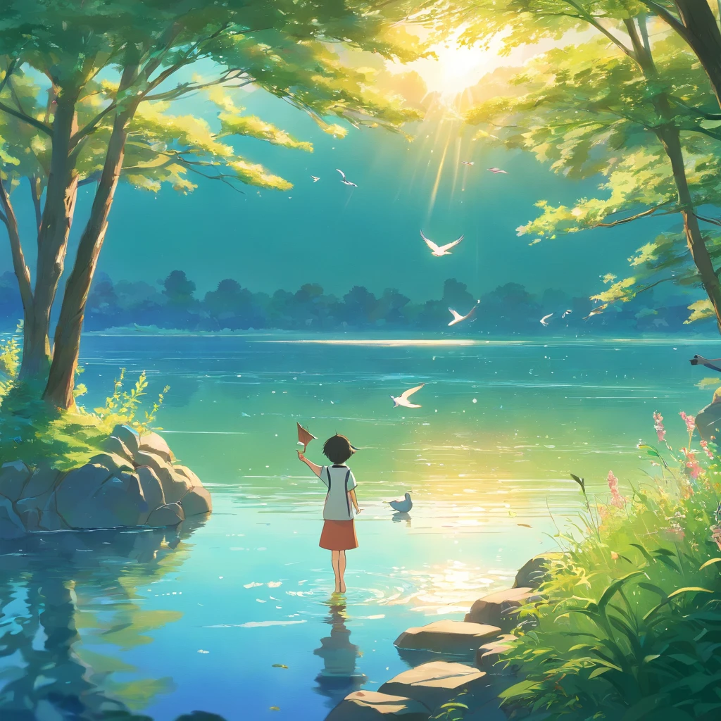 Ghibli style peaceful nature bird Children playing lake video