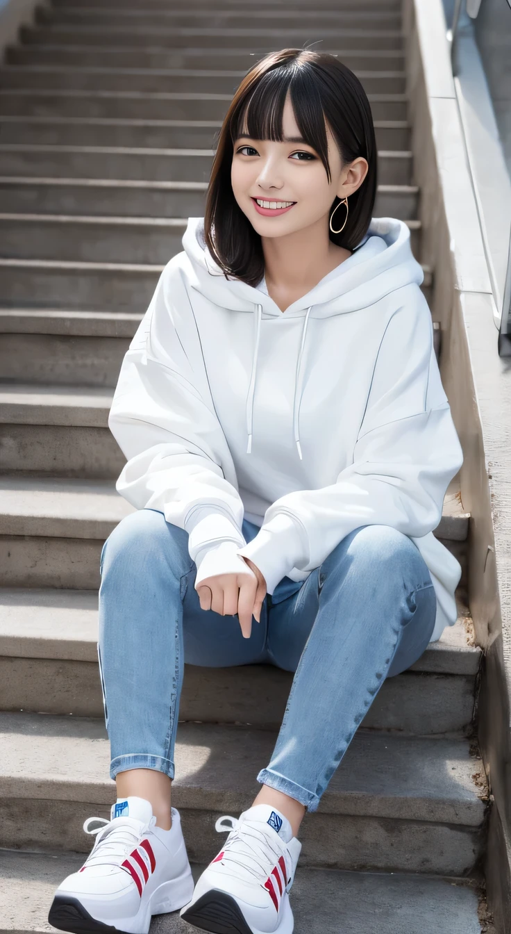 highest quality, Realistic, Very detailed, Finer details, High resolution, 8k wallpaper, One beautiful woman,Sit on the stairs、 Oversized hoodie, Skinny jeans, White sneakers、Putting on socks、Black Hair、 Beautiful Bangs、ear piercing、smile、Beautiful teeth alignment、Perfect dynamic composition, Beautiful and detailed, Full Body Shot, A big smile