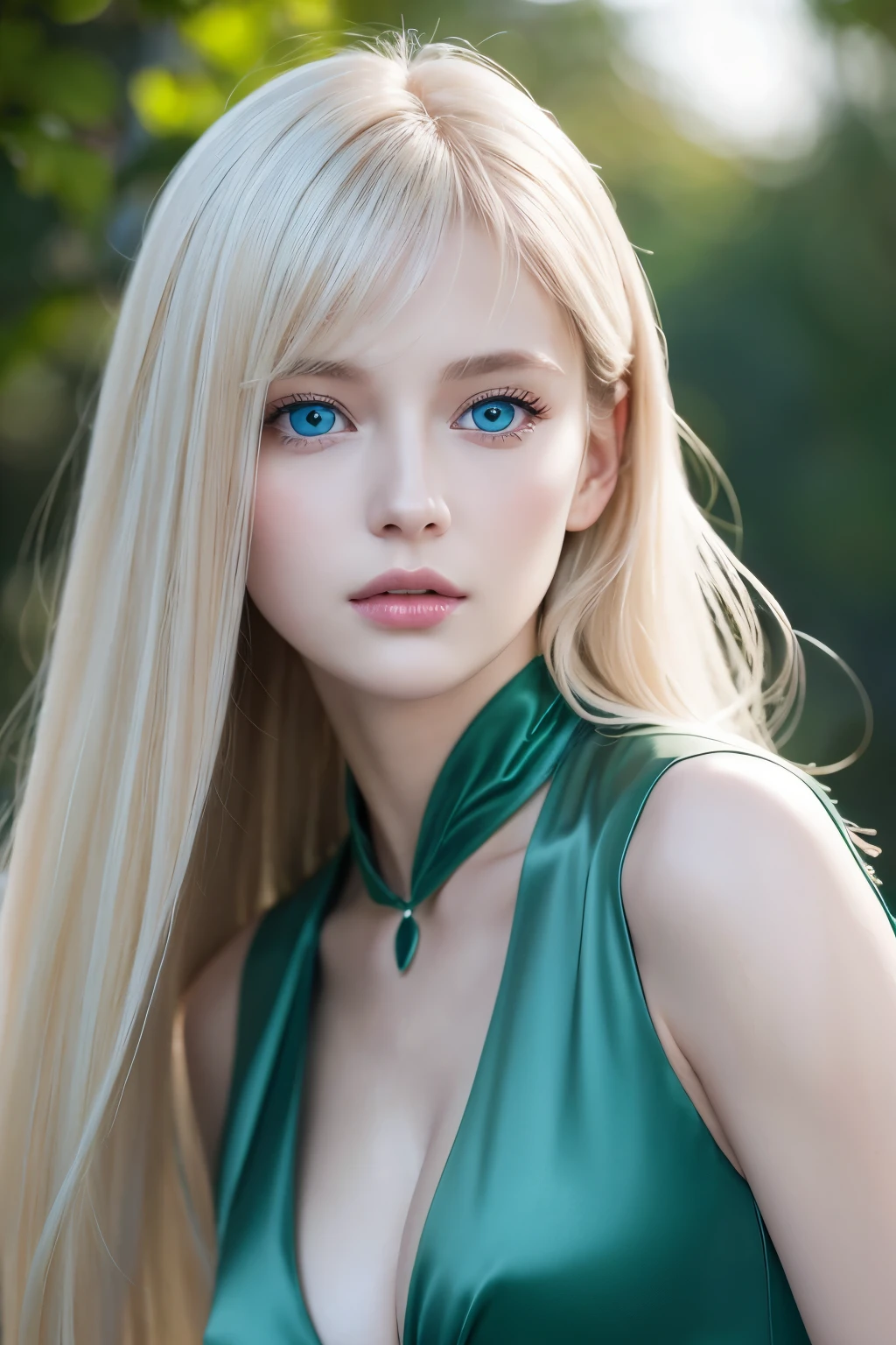 Mastepiece, Best Quality, Photorealistic, Super detailed, Fine details, High resolution, 8k wallpaper, RAW color photos, Professional, High level of detail, Beautiful girl with beautiful platinum blonde super long straight long silky hair. Long bangs between the eyes,、Sharp Focus, Award-winning photography, (Emerald green dress), (Cleavage), (Facing forward), (View your viewers), Small light, Low Contrast, Facial symmetry, Depth of written boundary, Movie Background, Center image, Softly lit, (Fine skin), Pale skin, Gloss Face、Cheek gloss、Realistic skin textures, Extreme Skin Detail、Bright pale marine blue eyes、