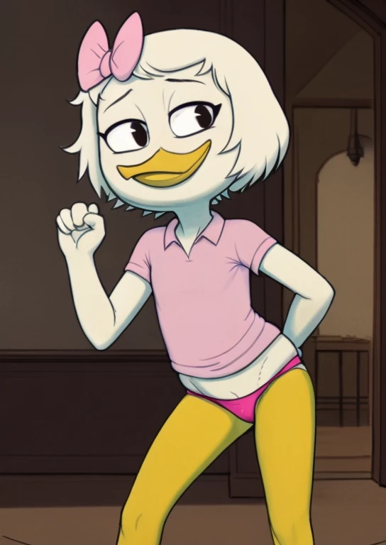 (by Drockdraw:1.2) (by chelodoy:1) (by ashraeli:1) Webby Vanderquack, White skin, White hair, orange legs:1.2, beak, DuckTales, tail shield, webbed feet, short hair, (purple skirt, pink shirt) action pose, pink bow, happy, smile, mouth closed, dressed, flat torso, webbed feet, black eyes, full length portrait, Eyeliner, smile, white body, young, standing, shy, (mansion, inside:1.1), sat down on one knee, panties