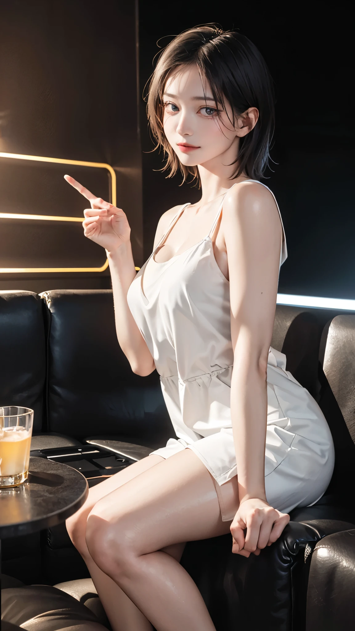 (masterpiece, highest quality, highest quality, Official Art, beautifully、aesthetic:1.2), Cinema Lighting、(Key light at 45 degrees from the front, Fill Light、Soft  Backlight、Strong Shadows、Blue and orange color palette), Accurate human body、Perfect human body、Perfect Legs、Someone knowledgeable、Correct five-finger、4K - ultra-vivid、highest quality, masterpiece, Ultra-high resolution, Detailed Background、The perfect background、　　


 ((Oily skin,Glowing Skin、Realistic skin texture、Beautiful skin in every detail、Shiny skin)), White skin, Real human skin, (Familiar), Oval Face, pore, Ultra-high resolution, (8k, RAW Photos, Realistic: 1.4), One Girl, slim, (kind, Goddess-like eyes) happiness: 1.2), (Lip gloss, eyelash, Gloss Face, highest quality, Ultra-high resolution, Wide Lighting, Natural Shading)、 


From head to toe、

sc1, couch, scenery, table, indoors, night sky, low_light, depth of field, from from side, sitting,, ultra detailed, masterpiece, best quality, aesthetic, detailed,, solo, soft smile, light smile,
1girl, (hostess:1.3, nightclub:1.5, Nightlounge:1.5), (((Golden lighting:1.1))), Shiny and smooth Black short hair、White Velvet celebrity dress:1.3)