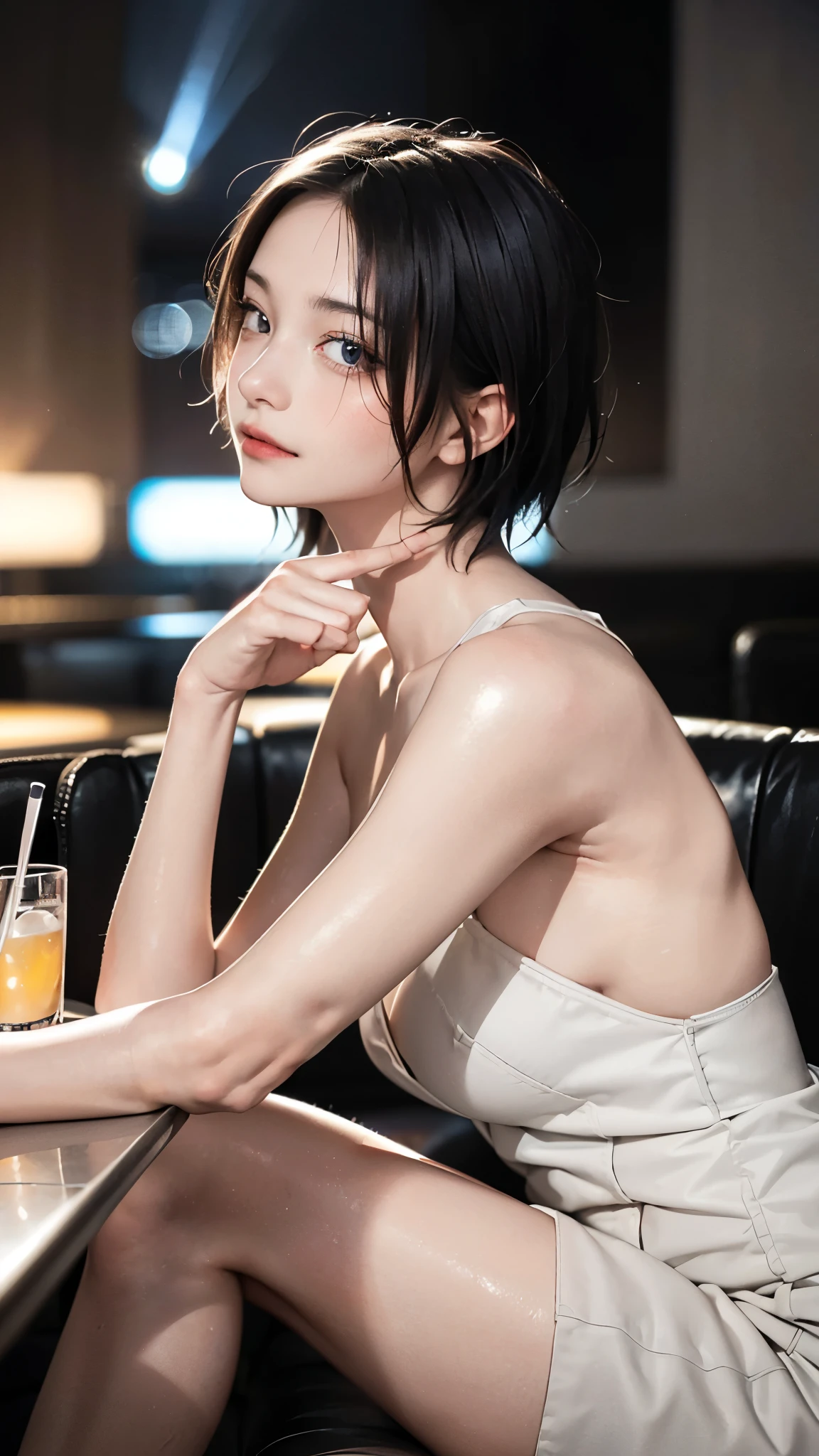 (masterpiece, highest quality, highest quality, Official Art, beautifully、aesthetic:1.2), Cinema Lighting、(Key light at 45 degrees from the front, Fill Light、Soft Backlight、Strong Shadows、Blue and orange color palette), Accurate human body、Perfect human body、Perfect Legs、Someone knowledgeable、Correct five-finger、4K - ultra-vivid、highest quality, masterpiece, Ultra-high resolution, Detailed Background、The perfect background、
((Oily skin,Glowing Skin、Realistic skin texture、Beautiful skin in every detail、Shiny skin)), White skin, Real human skin, (Familiar), Oval Face, pore, Ultra-high resolution, (8k, RAW Photos, Realistic: 1.4), One Girl, slim, (kind, Goddess-like eyes) happiness: 1.2), (Lip gloss, eyelash, Gloss Face, highest quality, Ultra-high resolution, Wide Lighting, Natural Shading)、
From head to toe、
sc1, couch, scenery, table, indoors, night sky, low_light, depth of field, from from side, sitting,, ultra detailed, masterpiece, best quality, aesthetic, detailed,, solo, soft smile, light smile,
1girl, (hostess:1.3, nightclub:1.5, Nightlounge:1.5), (((Golden lighting:1.1))), Shiny and smooth Black short hair、White Velvet celebrity dress:1.3)