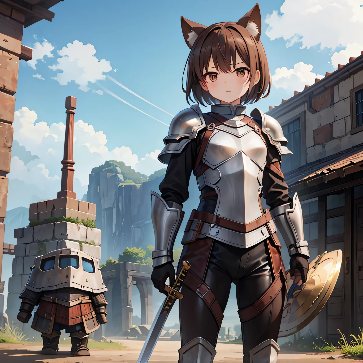 highest quality、、Small breasts、Dog ears、Brown Hair、short hair、Brown eyes、leather armor、Shield in left hand、Sword in right hand、Standing on the wasteland