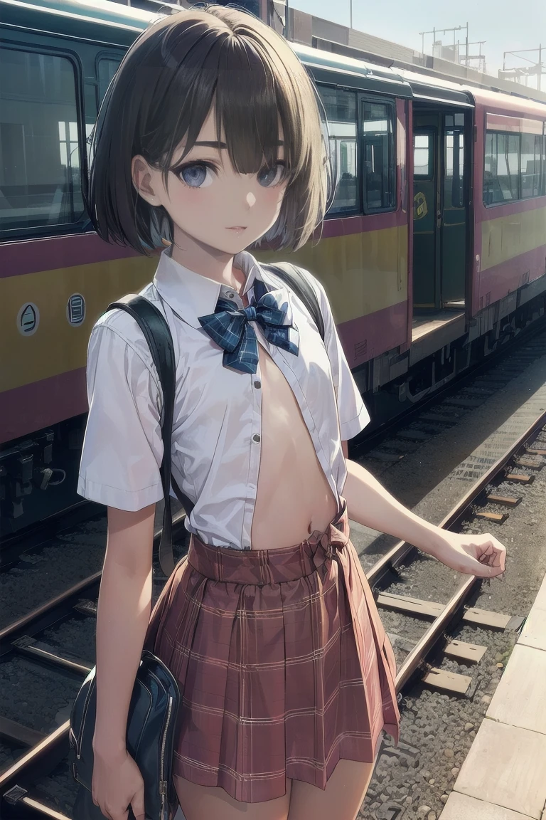 (SFW:1.6), (masterpiece, best quality, awesome extremely realistic, high resolution:1.3), 1girl, solo, Japanese, yo, (tall:1.3), BREAK (black short bob, straight hair:1.4), bangs, (tsurime:2.1), (hair over left eye:1.9), (very thin eyes:1.7), (thick eyebrow:1.4), closed mouth, (looking down on light smile:1.2), (blush:1.4), (flat chest:1.7), BREAK , (plaid bow:1.5), (round collared cutter shirt:1.6), (plaid midi skirt:1.7), black socks, Brown rofers BREAK from below, standing, carrying backpack, unmoving pattern, railways Station platform, sunlight, blue sky,