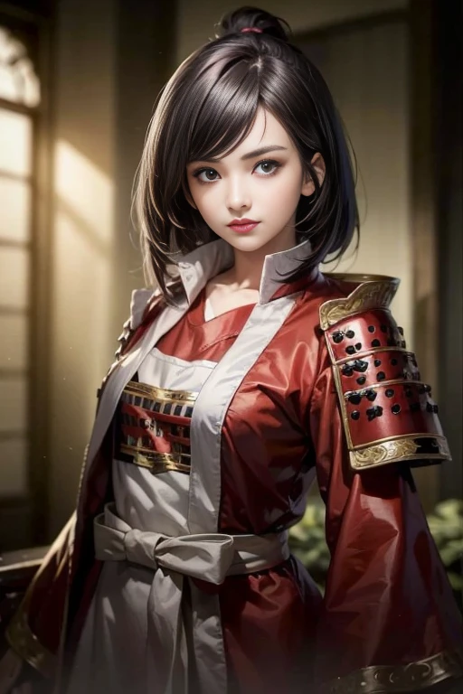Realistic、masterpiece、highest quality、25-year-old woman、Has a long spear、warrior、Portrait、Photo Light、((Red Armor∶1.1))、spear、Mid-breasted、(Appear: 1.2)、Short straight red hair、Cowboy Shot、Bobscure background