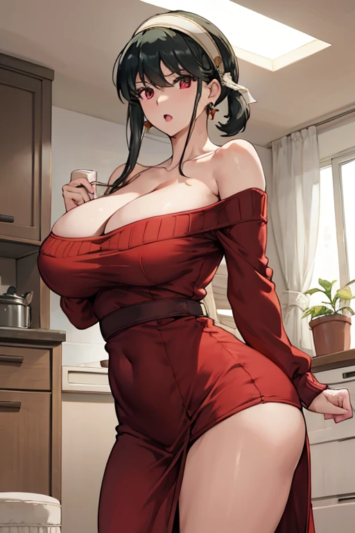 masterpiece, yor, 1girl, Amazing Cleavage:1.3, thin waist, big ass, Raised sexy, medium breast: 1.3 posed cleavage:1.2、solo, looking at viewer, open mouth, have a cup of coffee,black hair, red eyes, dress, bare shoulders, jewelry, collarbone, sidelocks, hairband, earrings, indoors, off shoulder, :o, sweater, arms behind back, plant, short hair with long locks, white hairband, off-shoulder dress, sweater dress, off-shoulder sweater, red sweater, big side hair, very long side hair,is rendered in (masterpiece: 1.2, best quality), with (ultra high resolution) and an exquisite (depth of field). This masterpiece is not only visually stunning but also tells, make of cake cooking ,in the kitchen
