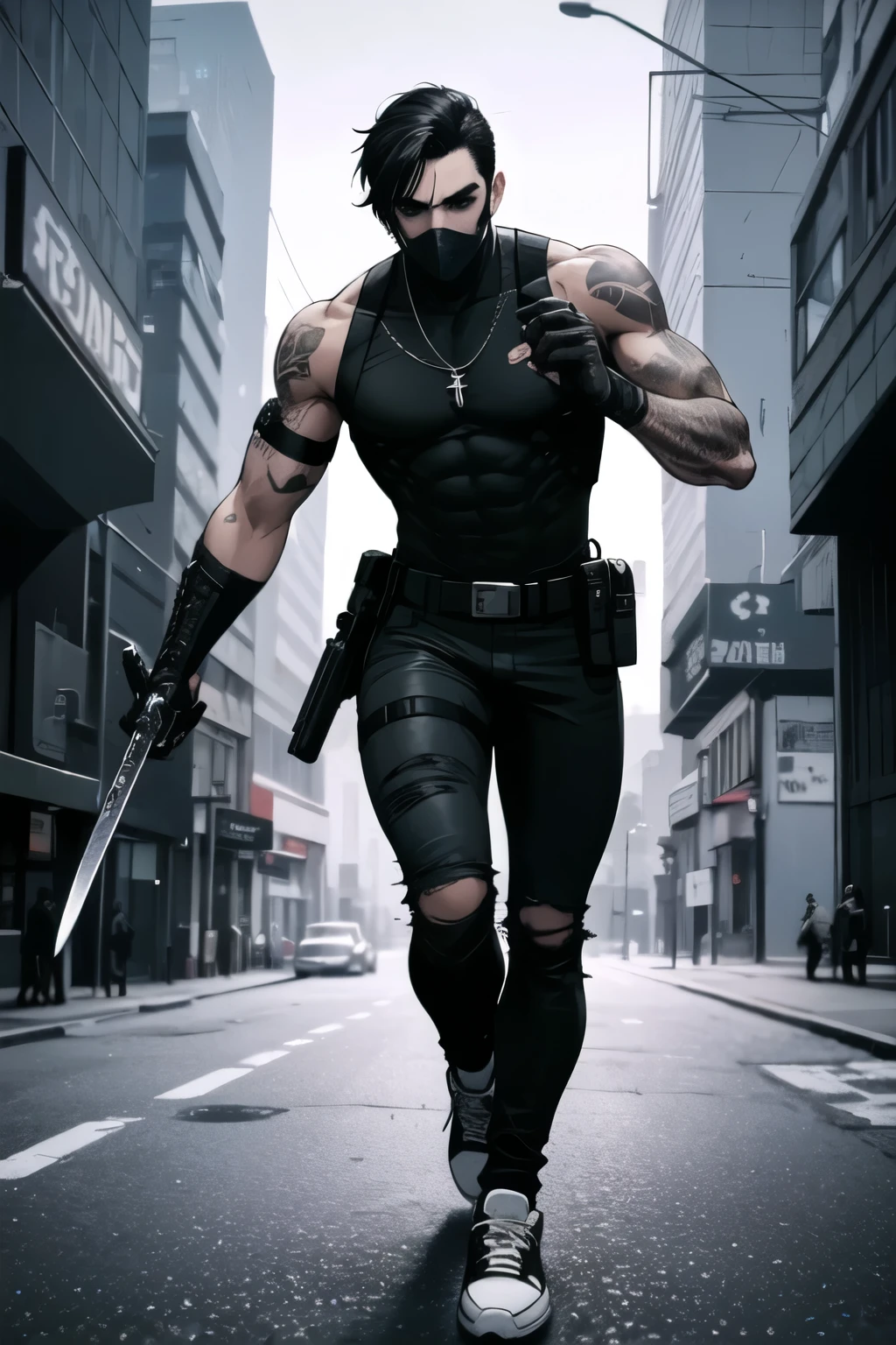 Black Snake, ((best quality)),((Masterpiece)),(detailed), perfect face, ((male,)) ((men,))
((black hair,)) ((black eyes,)) ((tattooed arm,)) ((ripped jeans,)) ((all stars shoes,)) ((cyberpunk,))
((black warrior suit,)) (( katana sword)) ((face mask,)) ((black pants,)) ((necklace,))
((grey Military belts,)) ((firegun,)) (( sneakers,)) future armor, asiatic, ((grey belts,))
((Tactical Chest Rigs,))
((solo,))
Fighting, running, holding pistol,