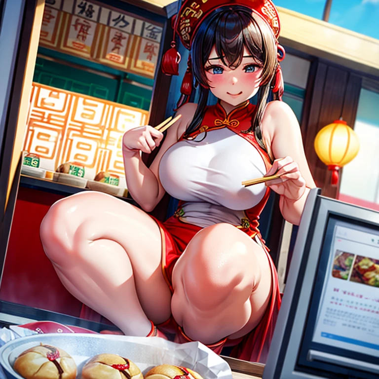 A woman in a tight-fitting cheongsam eating steamed buns at a Chinese food stall highest quality