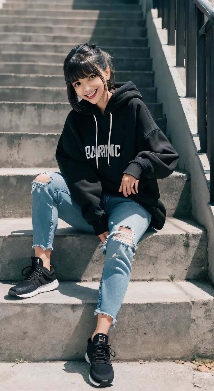 highest quality, Realistic, Very detailed, Finer details, High resolution, 8k wallpaper, One beautiful woman,Sit on the stairs、 Oversized hoodie, Skinny jeans, White sneakers、Wear black socks、Black Hair、 Beautiful Bangs、ear piercing、smile、Beautiful teeth alignment、Perfect dynamic composition, Beautiful and detailed, Full Body Shot, A big smile