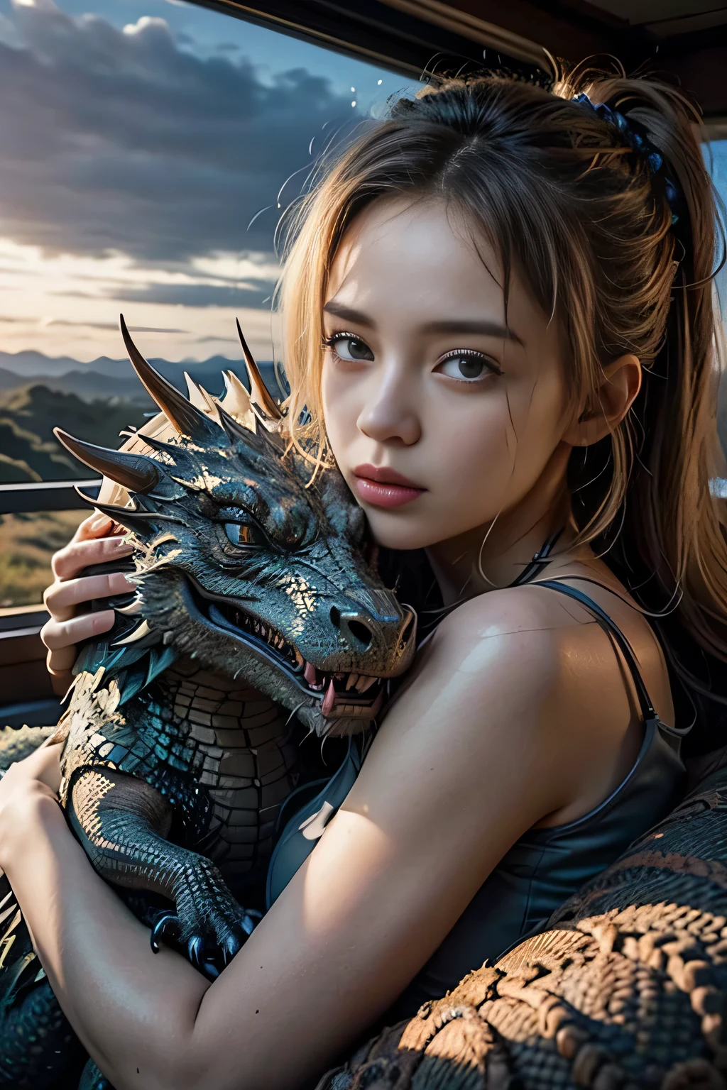 A 20-year-old woman and a giant dragon, A 20-year-old woman is wearing a mysterious dress, 20 year old woman with blonde hair, , , Beautifully detailed face, The 20-year-old woman has her hair braided., Cinematic lighting effects, A huge dragon on the top left, Dynamic composition, Dynamic pose, , A 20-year-old woman on the bottom right, Anatomically correct body, 20 year old woman hugging a dragon, The 20-year-old woman has her hair done in a bun., The dragon is sleeping, , 20 year old woman in gorgeous ruffled dress, , , , , Spectacular landscapes, , , , Very large dragon, Anatomically correct number of hands, , , Anatomically correct leg shaping, , Face Shot,