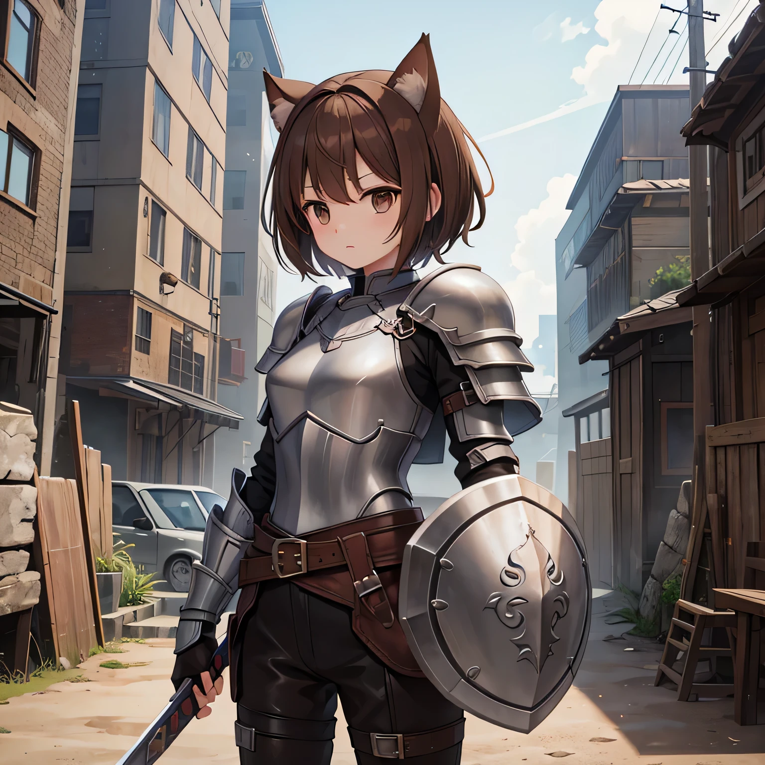 highest quality、、Small breasts、Dog ears、Brown Hair、short hair、Brown eyes、leather armor、A large shield in his left hand、Great sword in right hand、Standing on the wasteland