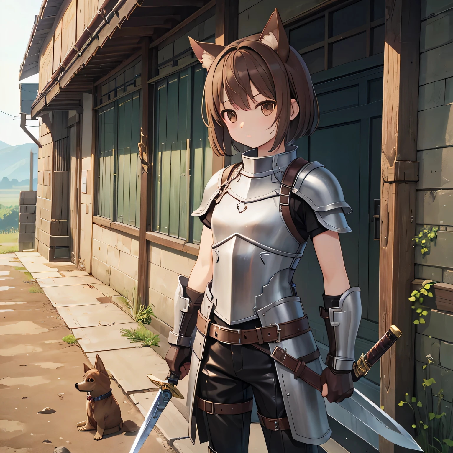 highest quality、、Small breasts、Dog ears、Brown Hair、short hair、Brown eyes、leather armor、A large shield in his left hand、Great sword in right hand、Standing on the wasteland