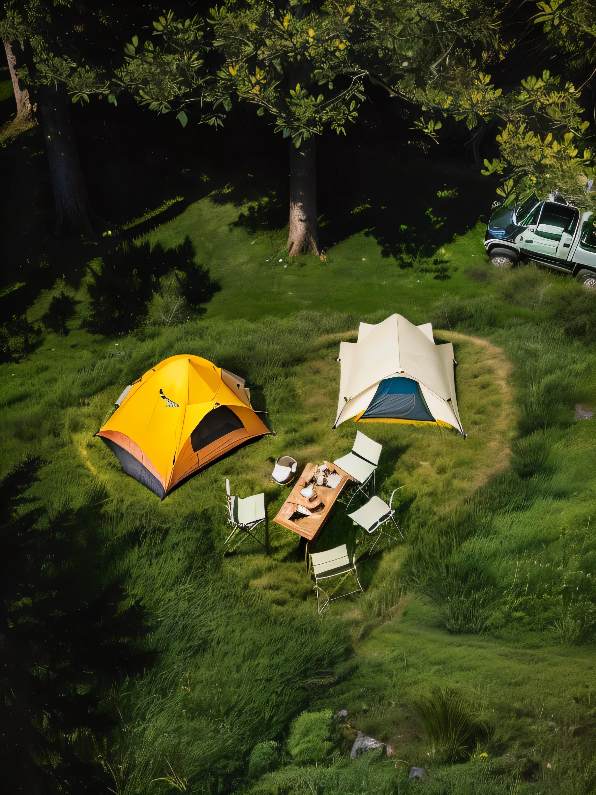 there are two tents and a table in the grass, camping, Glamping, barrel fires and tents, tent architecture, Yuruying, tents, Watch from above, Look from above, [ Top view ]!!, Camping, [ Top view ]!, Surrealism, Viewed from directly above, Top-down shooting, tent, byEtienne Delessert