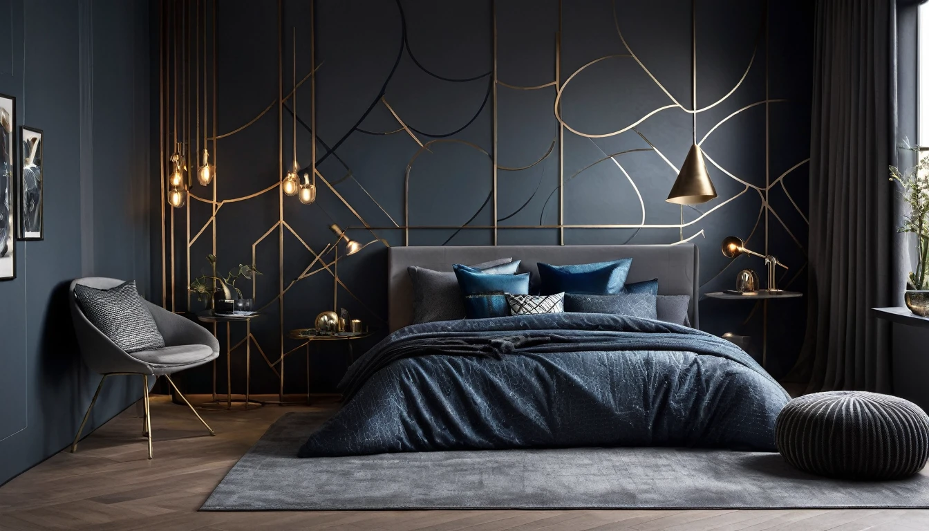 Create an uncluttered studio setting in charcoal gray tones, with curved walls and a few sections of bluish-metallic surfaces. Incorporate a few luminescent geometric lines and patterns to add contrast and depth.