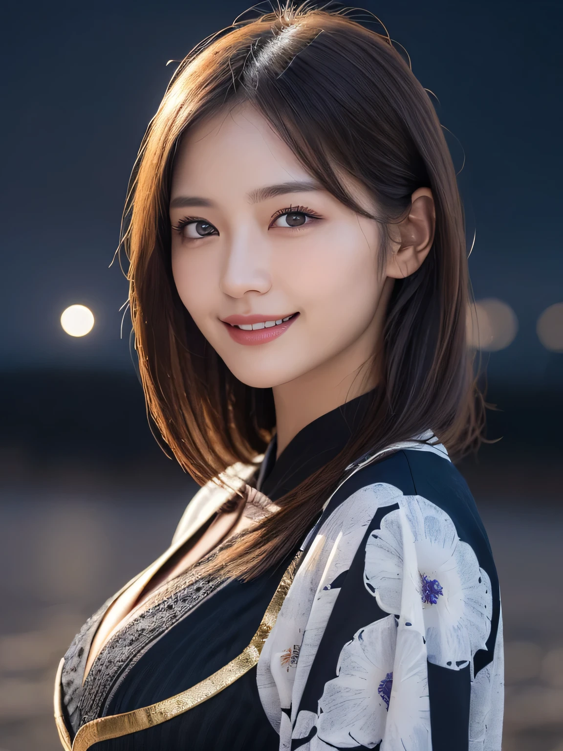 Kimono beauty, body portrait, 8k, thin and beautiful eyes, Dindal effect, masterpiece, top quality, high quality, high resolution, very detailed photo, (natural skin texture, fine skin, hyper realism, super sharpness) , high detail skin, (very fine, fine skin texture, intricate details, beautiful face, (real-like face), realistic eyes, beautifully detailed eyes, realistic skin, beautiful skin, surreal, Highly detailed, golden ratio, smiling eyes, ((night moonlight background)), body portrait, G cup, big breasts, huge breasts, big breasts, glamorous, shiny bodysuit