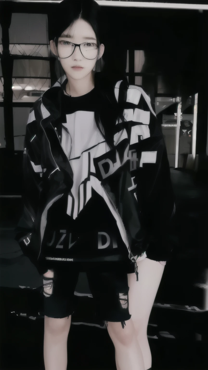close-up image of a cute girl standing next to a handsome guy wearing a black shirt, anime drawings, all black clothes, short black hair parted in the middle, blue eyes, white skin, tall nose, and a cute girl, colored skin white, high nose, black eyes, tumblr, dark aesthetic, all black cyberpunk streetwear, long black hair, wearing black glasses, using a white headset, realistic