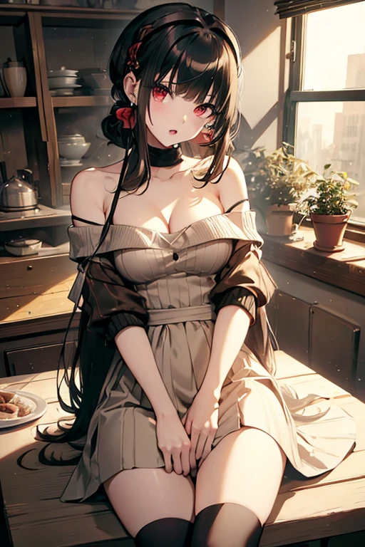 masterpiece, yor, 1girl, Amazing Cleavage:1.3, thin waist, big ass, Raised sexy, medium breast: 1.3 posed cleavage:1.2、solo, looking at viewer, open mouth, have a cup of coffee,black hair, red eyes, dress, bare shoulders, jewelry, collarbone, sidelocks, hairband, earrings, indoors, off shoulder, :o, sweater, arms behind back, plant, short hair with long locks, white hairband, off-shoulder dress, sweater dress, off-shoulder sweater, red sweater, big side hair, very long side hair,is rendered in (masterpiece: 1.2, best quality), with (ultra high resolution) and an exquisite (depth of field). This masterpiece is not only visually stunning but also tells, make of cake cooking ,in the kitchen
