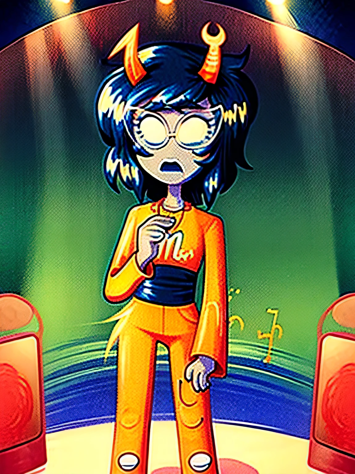 1 lady solo, K-POP artist, (singing:1.2) (dynamic posing:1.2), (stylish outfit), mature female, /(beige blonde hair streaked sky-blue hair end/), bangasterpiece best quality:1.2), delicate illustration, ultra-detailed, BREAK, (holding a microphone) , one hand up, face to audience, BREAK, (music stage) indoors, various colored spotlight, audience, , black hair