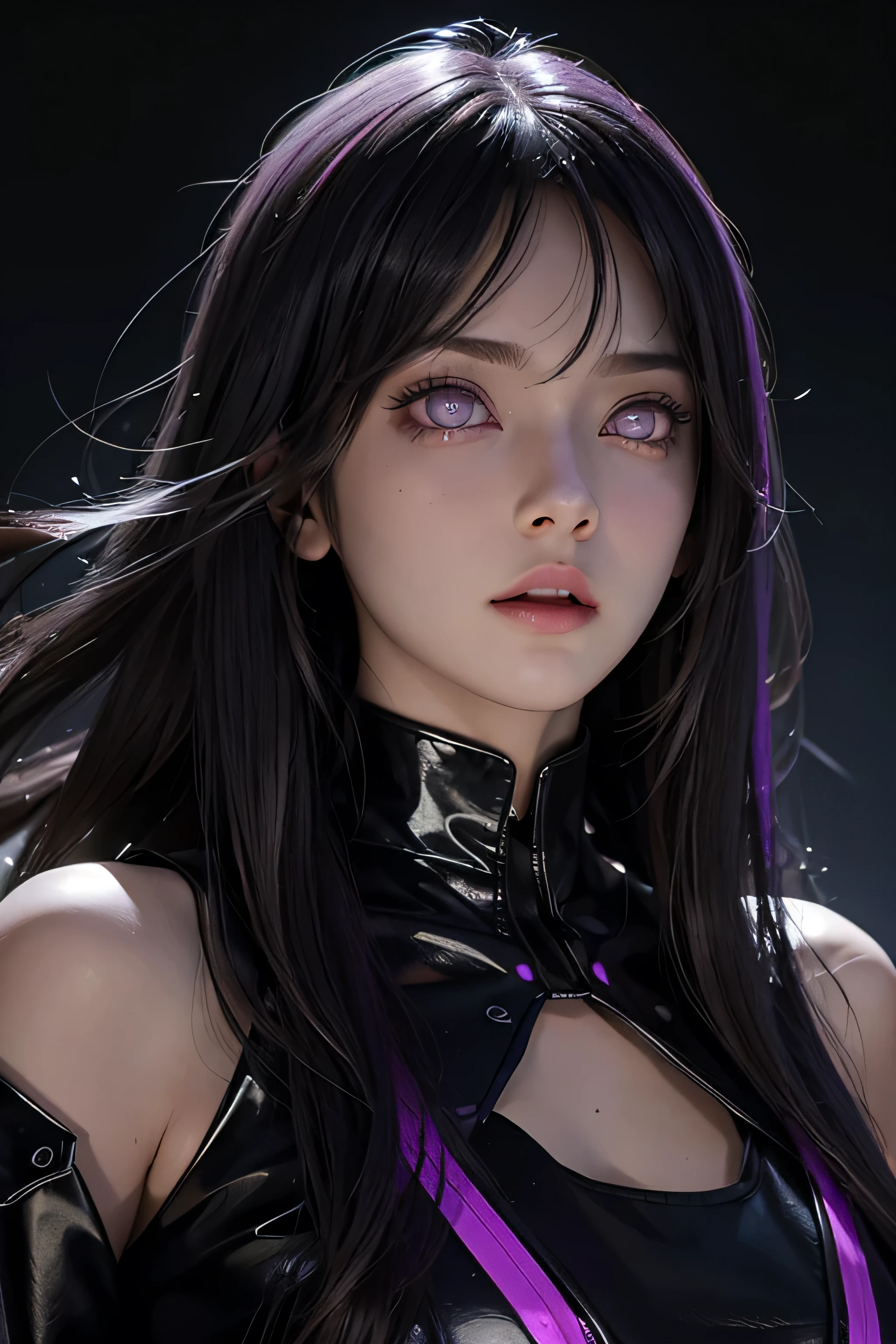 One female , bright purple eyes , "pupils glowing purple" , black hair , blonde highlights" , very_long_hair , big_breasts , wearing necakle neck,perfect figure , detailed face ,perfect face, upper body, masterpiece , best quality , ultra detailed , (detailed background) , perfect shading , high contrast , best illumination , extremely detailed , ray tracing , realistic lighting effects , neon noir illustration , perfect hands:1.1