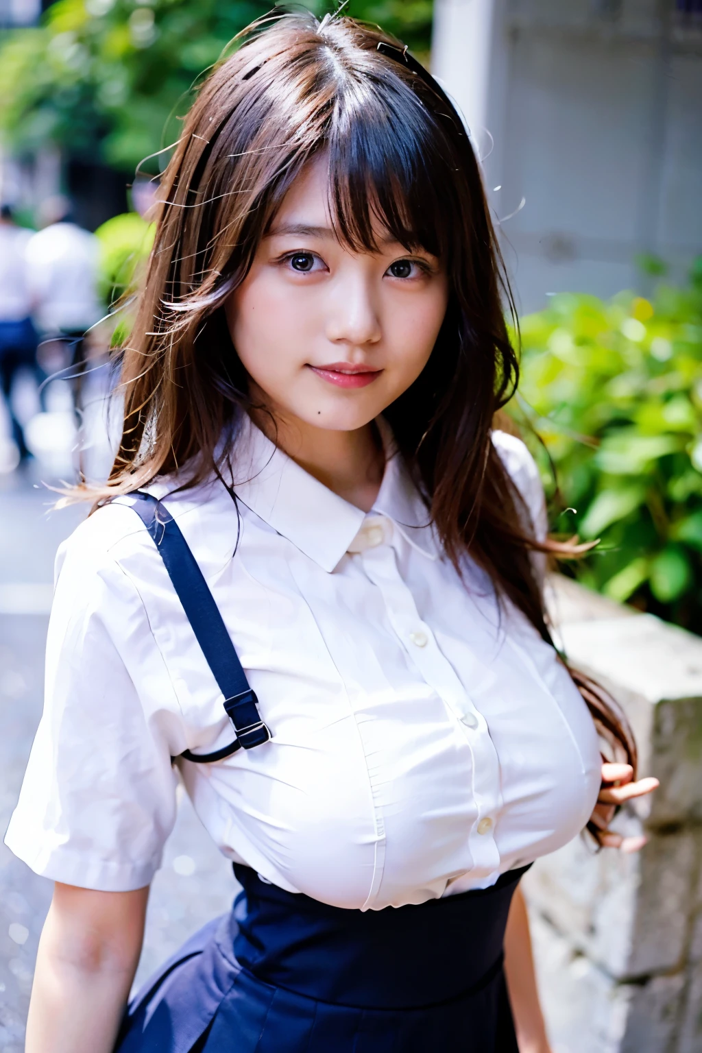at office building street, Japanese woman, ultimate huge breast, tight white button-down collared business-shirt drawn as if were clinging to shape of breasts, ultimate thin waist, navy blue tight skirt, breasts pointing upwards, little smile, emphasizing huge breasts, boyish hair, wear large thin silver-rimmed round glasses