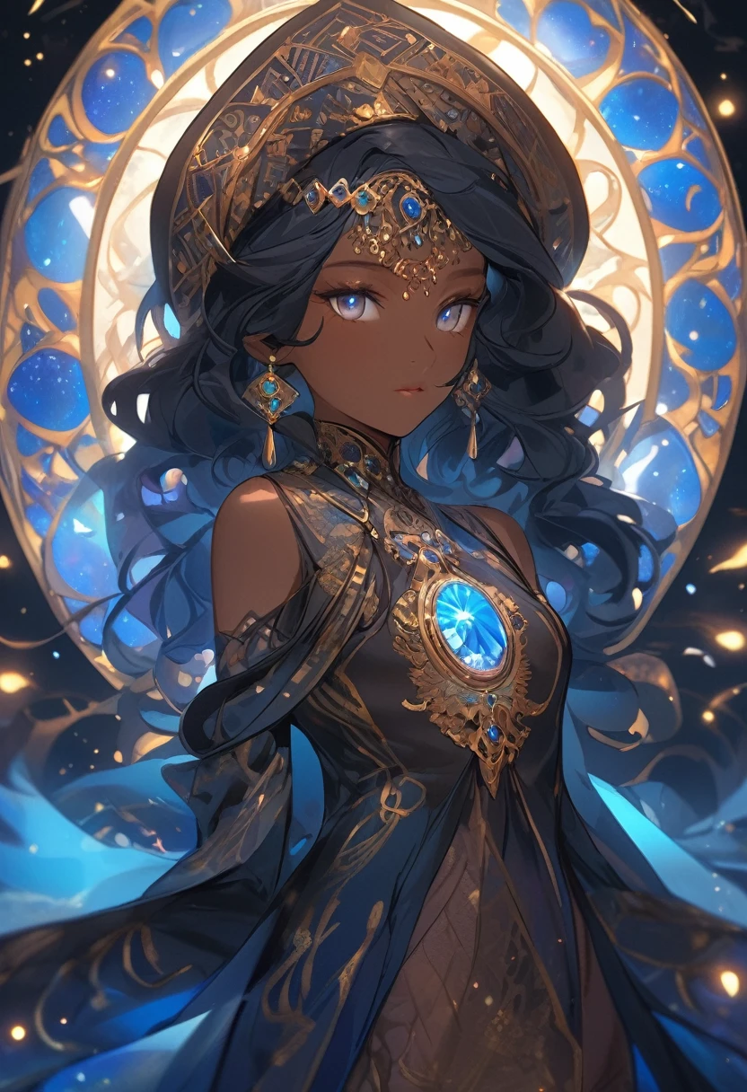 in the fantasy world，There was a brave and powerful priest，A female role-playing game character，Possessing unparalleled capabilities。Her dark skin，Like a rich tapestry of different tones，Glowing in the ethereal light that enveloped her。She wore a silver headdress，The shining blue gem in the middle exudes tenderness、otherworldly glow。She has a pair of mysterious little eyes，It&#39;s a mystery，But her presence inspires respect and awe。
Beside her，A flexible and graceful elf，The skin is decorated with intricate patterns，Give her advice。Her black tapered Afro hair cascaded down her back
