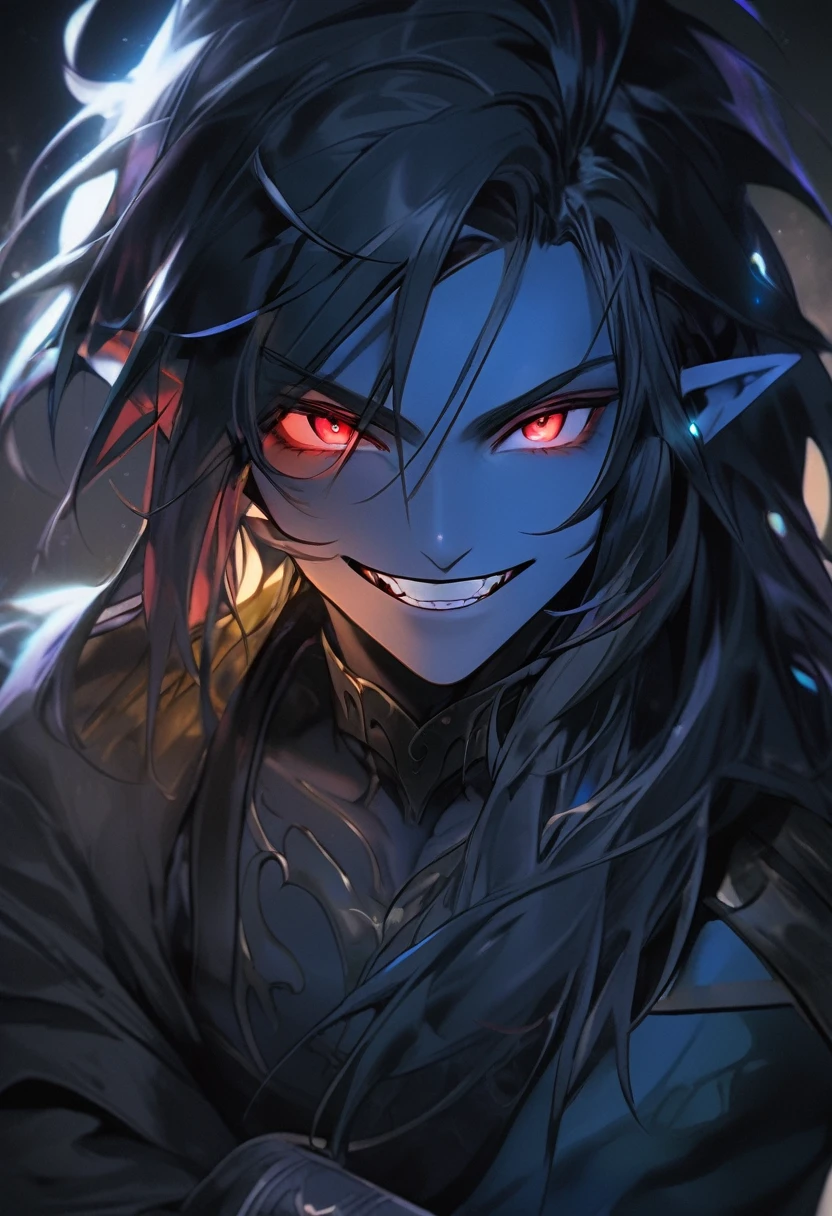 1boy, pointy ears, male focus, solo, crossed arms, colored skin, glowing, glowing eyes, long hair, teeth, red eyes, smile, black hair, blue skin, sharp teeth, looking at viewer