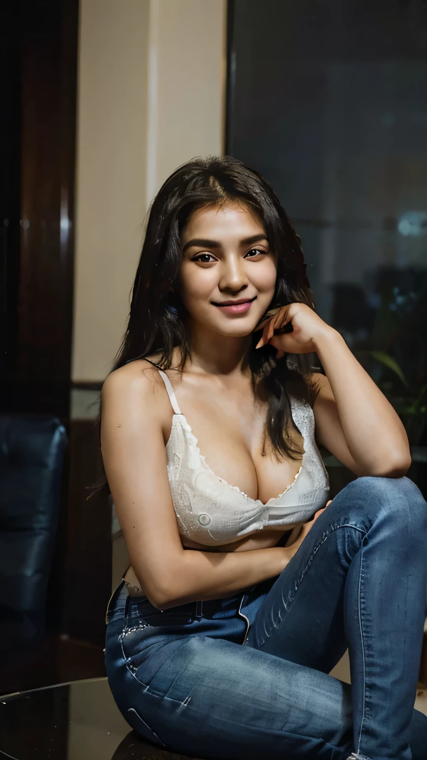 masterpiece, (photograph of a 24 year old indian woman), (Highly detailed face:1.4) (Smile:0.7)by lee jeffries ,Hyper realistic , wearing black top and jeans, showing cleavage, sitting in night club, beautiful eyes, fair white skin, beautiful face, looking at camera, smiling with glass of wine in hand