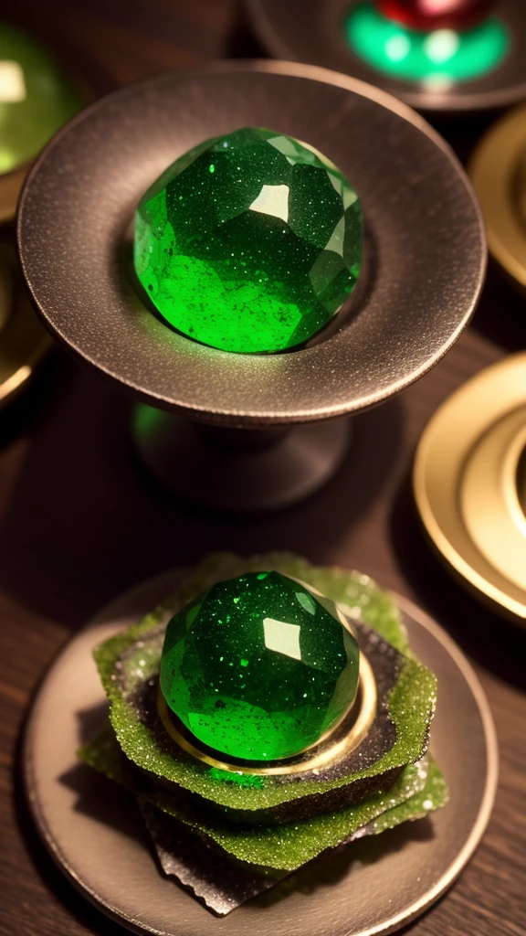 an concept art of alchemic element - Green Garnet (Tsavorite): A vivid green gem with exceptional brilliance and sparkle. The camera's angle frames the subject in a way that unveils its essence, unveiling secrets that lie within its form. Shadows and highlights create a harmonious symphony, revealing an extraordinary interplay of light and darkness, unveiling layers of depth that leave us captivated., on table, rim lights, digital art, focus on subject, duch angle, clsoe shot, closeup, focus on material and structure, masterpiece, ultrasharp, intricated details