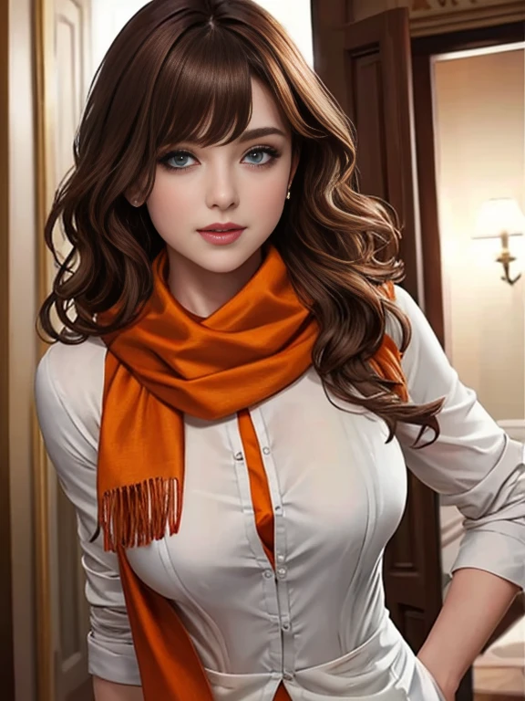 Beautiful woman reporter brown hair wavy bangs orange scarf blue eyes firm body perfect breasts formal suit white t-shirt