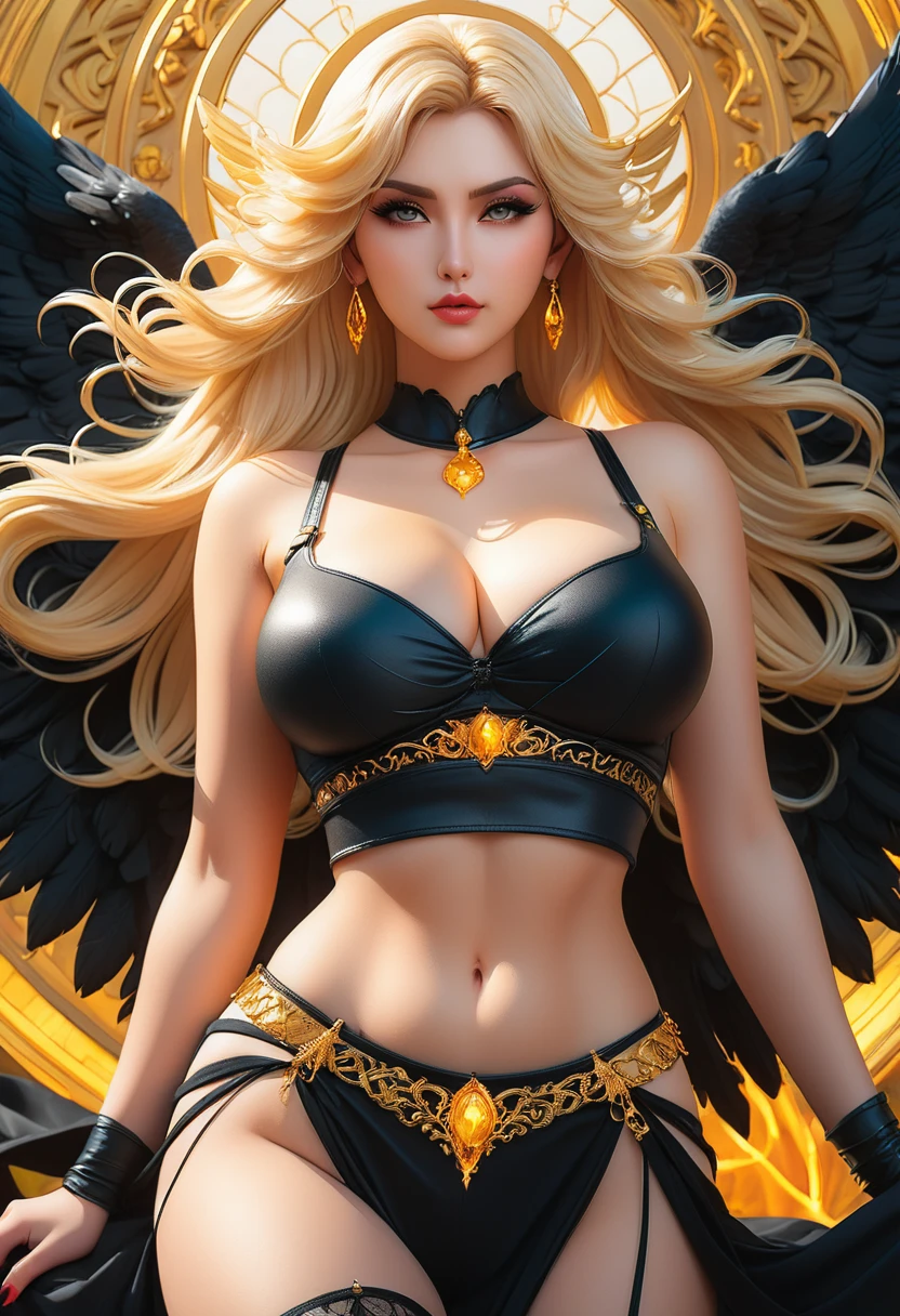 In a mesmerizingly portrayal, thick women busty, a glam-goth goddess angel her Age 28, clean skin,pretty hair, midriff bikini, trending on cgsociety, epic, trending on artstation, highly detailed, vibrant, production cinematic character render, ultra-high-quality model, golden ratio manhwa, manhua, background mysterious, does not produce same pose when remixed,