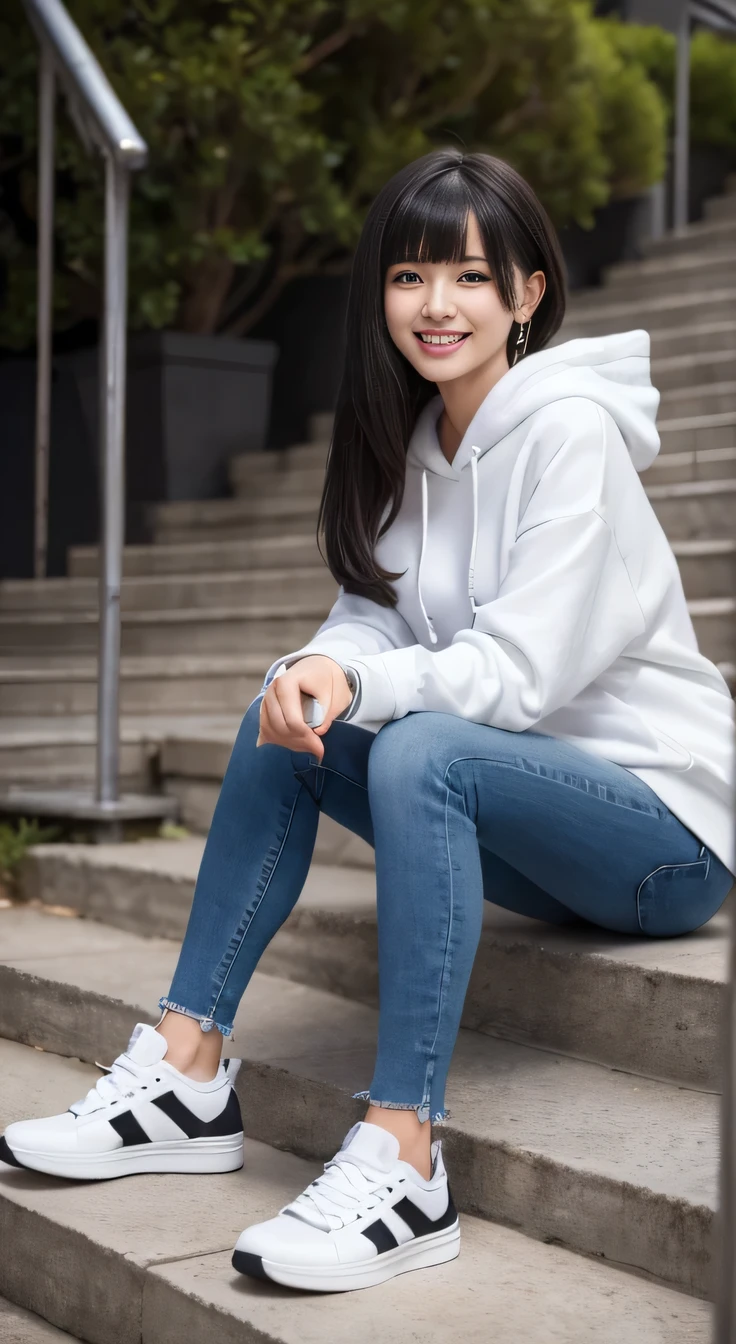 highest quality, Realistic, Very detailed, Finer details, High resolution, 8k wallpaper, One beautiful woman,Sit on the stairs、 Oversized hoodie, Skinny jeans, White sneakers、Wear black socks、Black Hair、 Beautiful Bangs、ear piercing、smile、Beautiful teeth alignment、hairstyle semi long、Perfect dynamic composition, Beautiful and detailed, Full Body Shot, A big smile