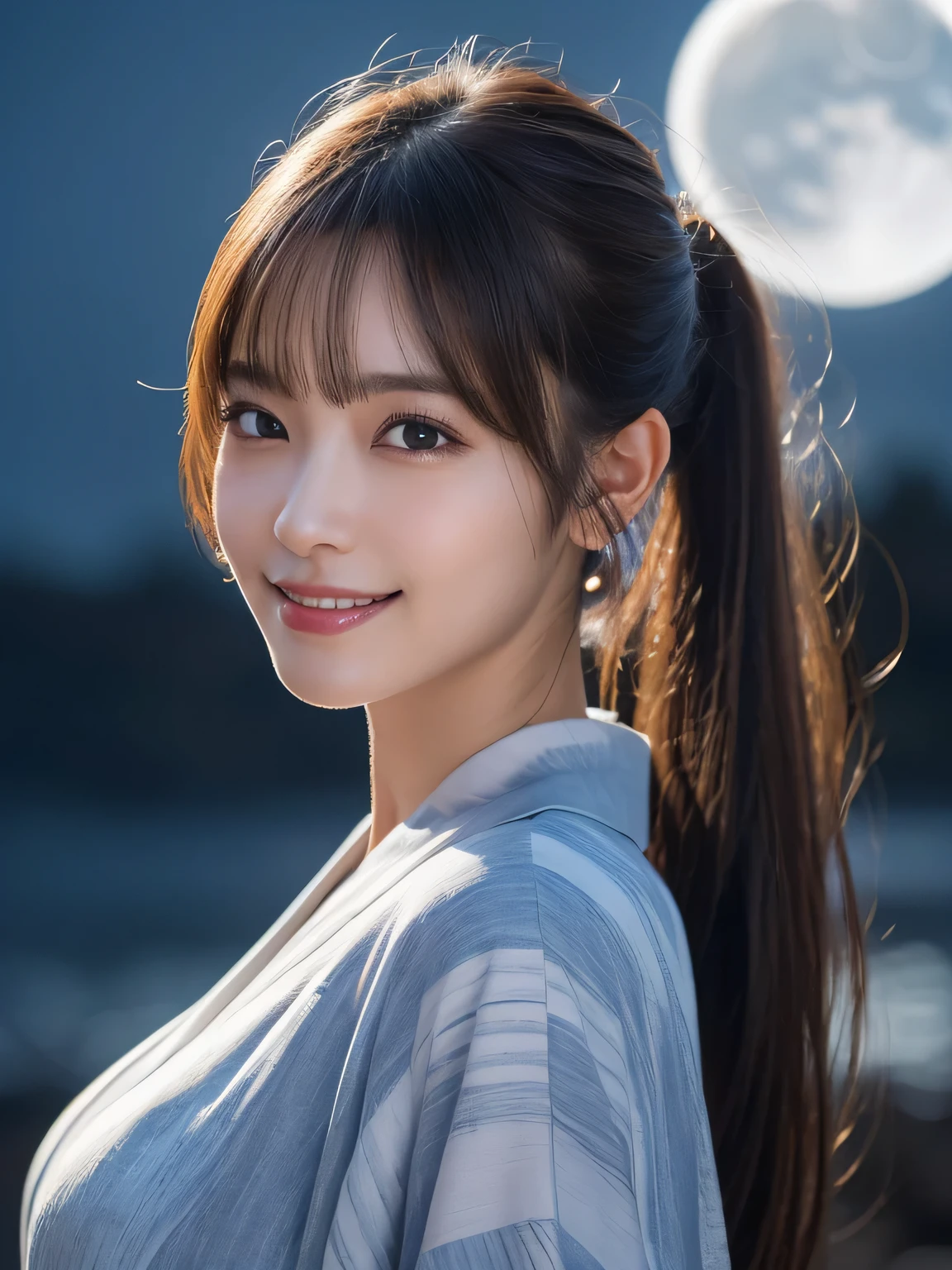 Kimono beauty, body portrait, 8K, thin and beautiful eyes, Dindal effect, masterpiece, top quality, high quality, high resolution, very detailed photo, (natural skin texture, fine skin, hyperrealism, super sharpness) , high detail skin, (very fine, fine skin texture, intricate details, ponytail, beautiful face, (real-like face), realistic eyes, beautifully detailed eyes, realistic skin, beautiful skin, hyper reality target, highly detailed, golden ratio, smiling eyes, ((night moonlight background) )), body portrait, G cup, big breasts, huge breasts, big breasts, glamorous,