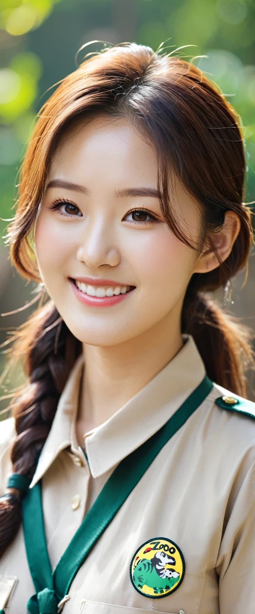 close-up of beautiful korean female, 34 inch breasts size, wearing zoo staff uniform, smile, in the zoo, bokeh background, UHD