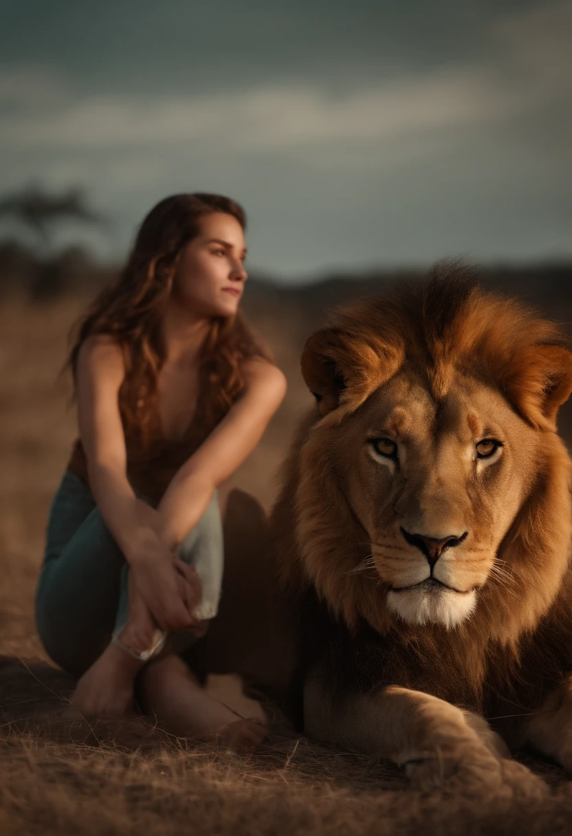 A lion and a girl, Girl near the lion Cinematic and realistic image with a chroma key environment
