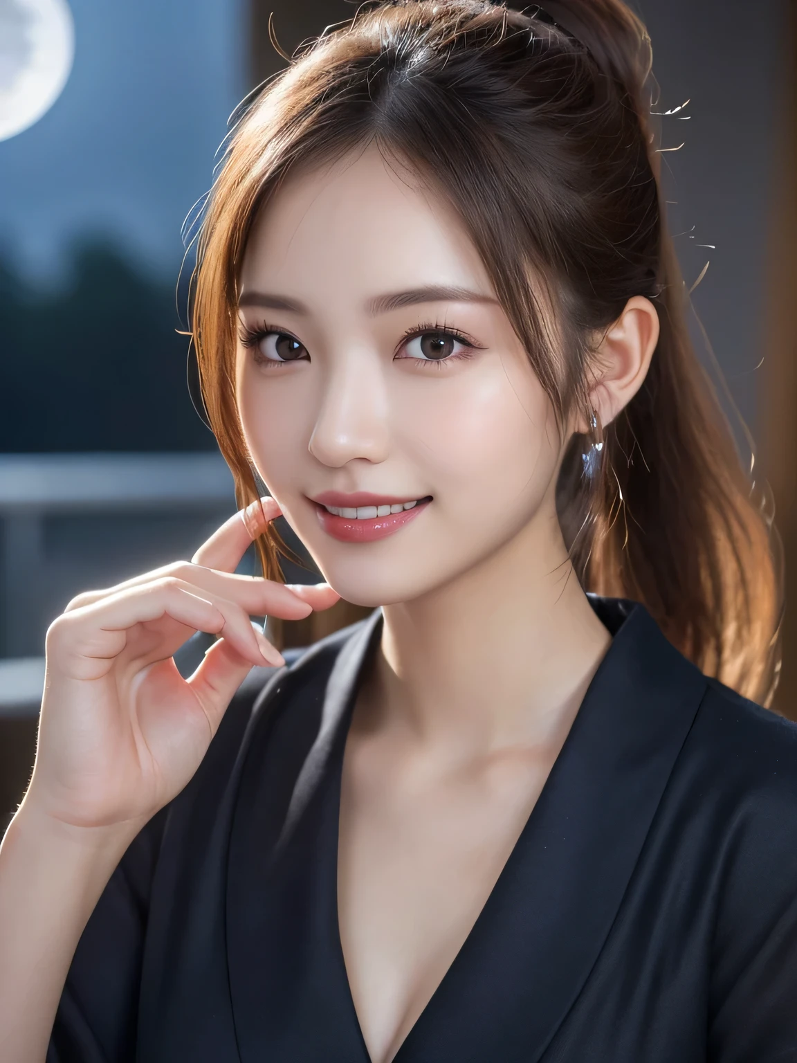 Kimono beauty, body portrait, 8K, thin and beautiful eyes, Dindal effect, masterpiece, top quality, high quality, high resolution, very detailed photo, (natural skin texture, fine skin, hyperrealism, super sharpness) , high detail skin, (very fine, fine skin texture, intricate details, ponytail, beautiful face, (real-like face), realistic eyes, beautifully detailed eyes, realistic skin, beautiful skin, hyper reality target, highly detailed, golden ratio, smiling eyes, ((night moonlight background) )), body portrait, G cup, big breasts, huge breasts, big breasts, glamorous,