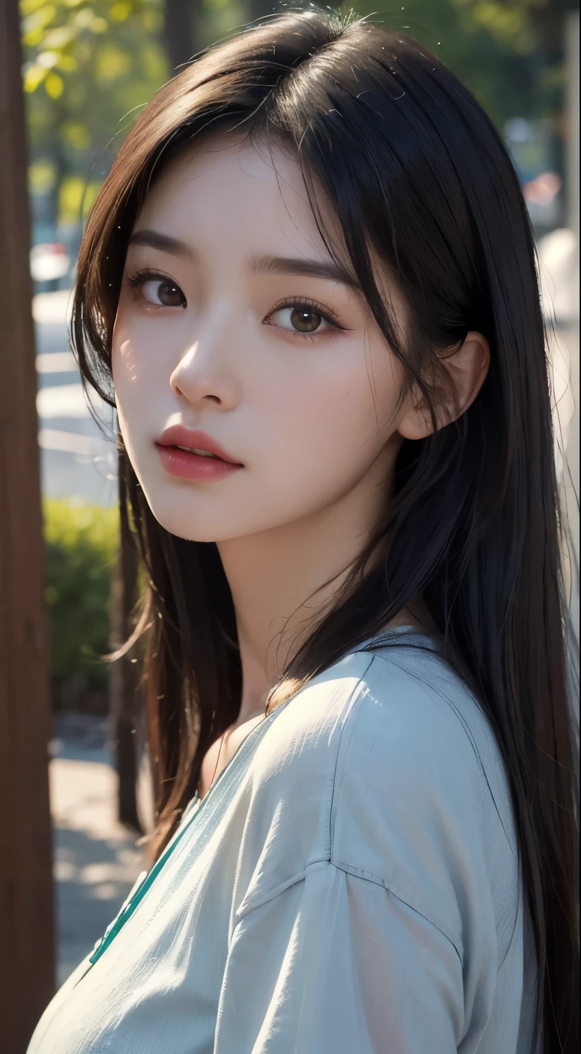 (best quality,8k,highres,masterpiece:1.2), realistic, detailed portrait,personality portrait,Asian beauty,Astoria,Jeong Soen type girl,dark shiny hair,expressive eyes,dewy lips,medium shots,colorful clothing,relaxed pose,soft background lighting,vibrant colors
